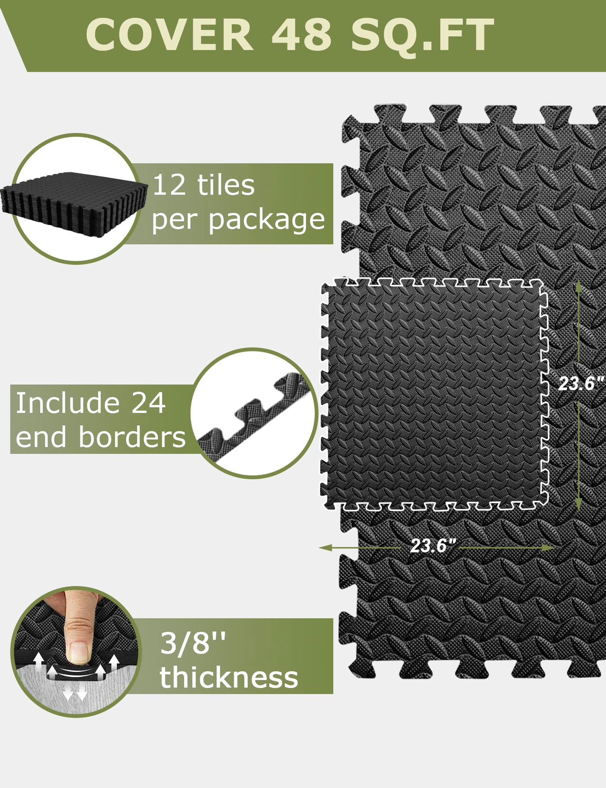 innhom Gym Flooring Gym Mats Exercise Mat for Floor Workout Mat Foam Floor Tiles for Home Gym Equipment Garage, 12 Black