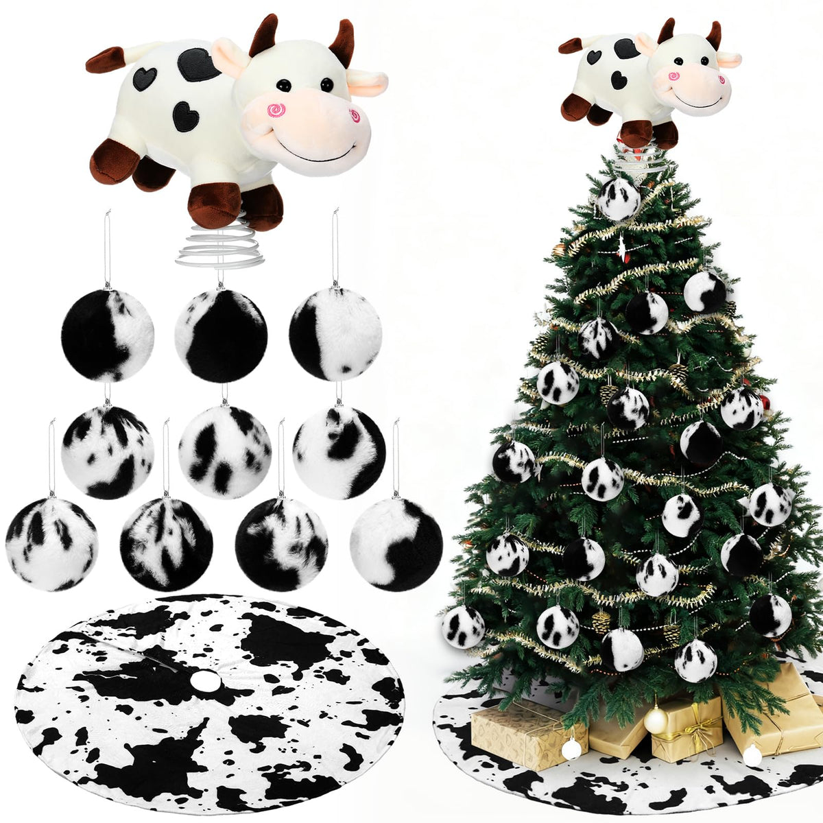 Leitee 12 Pcs Cow Christmas Tree Decoration Set Xmas Western Cowhide Tree Topper Skirt Faux Fur Plush Hanging Artificial Flowers Rustic Christmas Cow Treetop Ornaments for Farmhouse Country Holiday