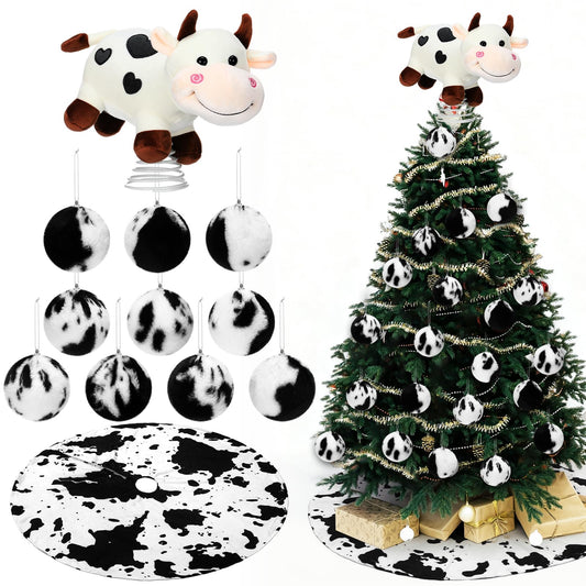 Leitee 12 Pcs Cow Christmas Tree Decoration Set Xmas Western Cowhide Tree Topper Skirt Faux Fur Plush Hanging Artificial Flowers Rustic Christmas Cow Treetop Ornaments for Farmhouse Country Holiday