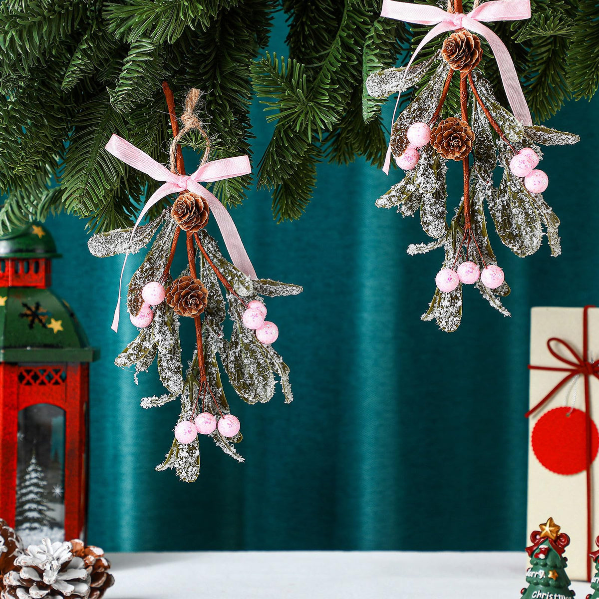 Giegxin 1 Piece Christmas Artificial Mistletoe Ornament with Bow Christmas Hanging Mistletoe Decoration Bouquet Floral Natural Pine Cones Holiday Decor Ornament Bouquet (Pink Style,Pink)