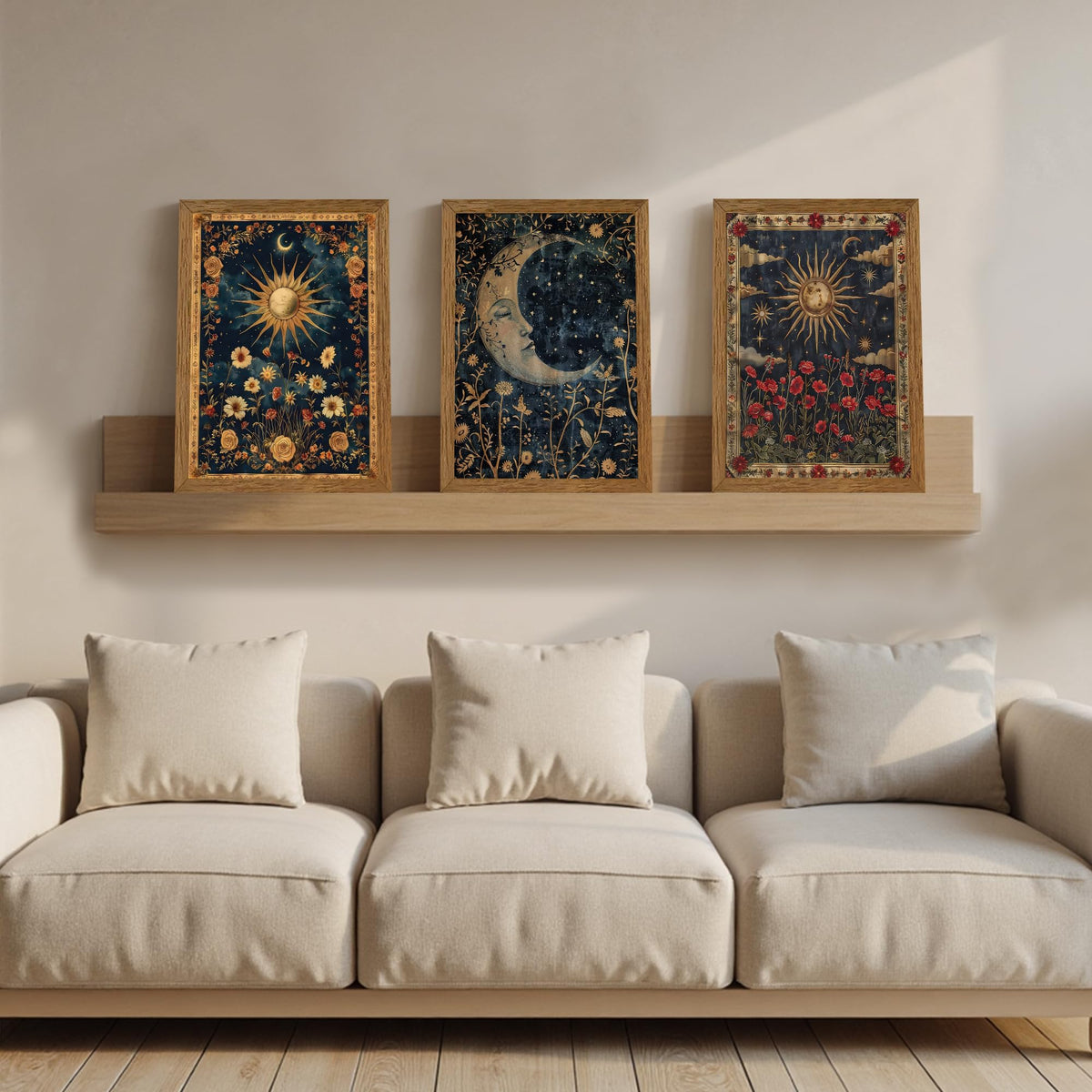 Palette Dreams Set of 3 Wood Framed Wall Art, Sun, Moon and Clouds Theme, Ready to Hang, Fade Resistant, Vibrant Art Prints for Bedroom, Living Room, Hallway, Home Office Decor, 12x16 Inches