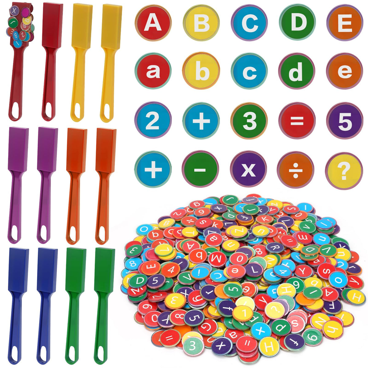 Coopay 624 Pcs Alphabets Numbers Chips and 12 Pcs Magnetic Wands - Toddler Learning Letters for Spelling, Reading Tools for Kids Science of Reading Manipulatives, Teaching Supplies Kindergarten