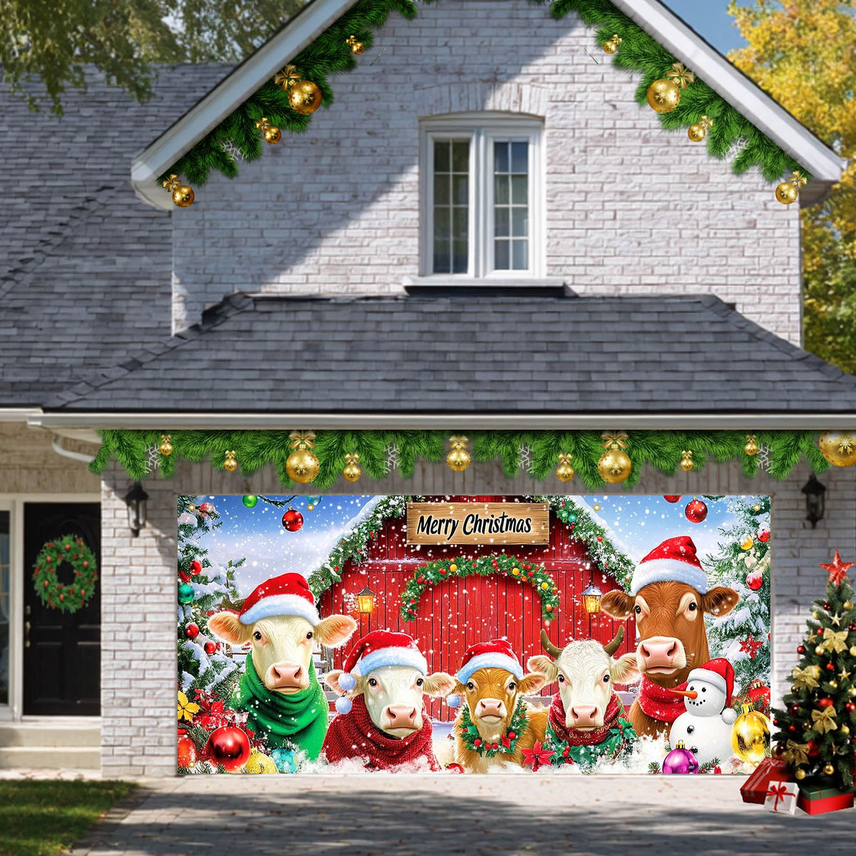 HOMETITUTE Merry Christmas Garage Door Banner 13x6ft Cows Farm Animals Barn Theme Backdrop Banners for Inside Winter Door Cover Banners for Outside Garage Wall Covering Party Decorations