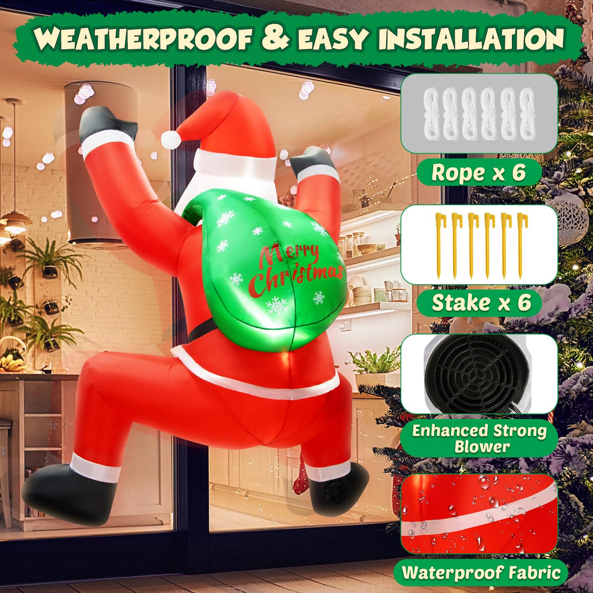 6FT Christmas Inflatable Decorations Hanging Santa Built-in Bright LEDs, Climbing Santa Claus with Gift Bag Christmas Roof Blow Up Yard Inflatables Decoration for Window Wall Outdoor Xmas New Year