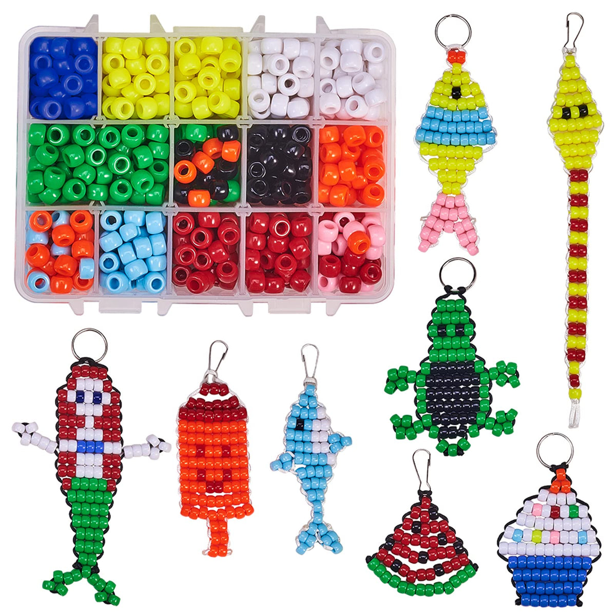SUNNYCLUE 1 Box DIY 8 Pairs 620Pcs Bead Pets Kit 8mm Large Pony Beads Assortment Box Set with Keyring & Key Clasp, Polyester Cord, Beads Art Crafts for Adults with Instruction Christmas Craft Gift