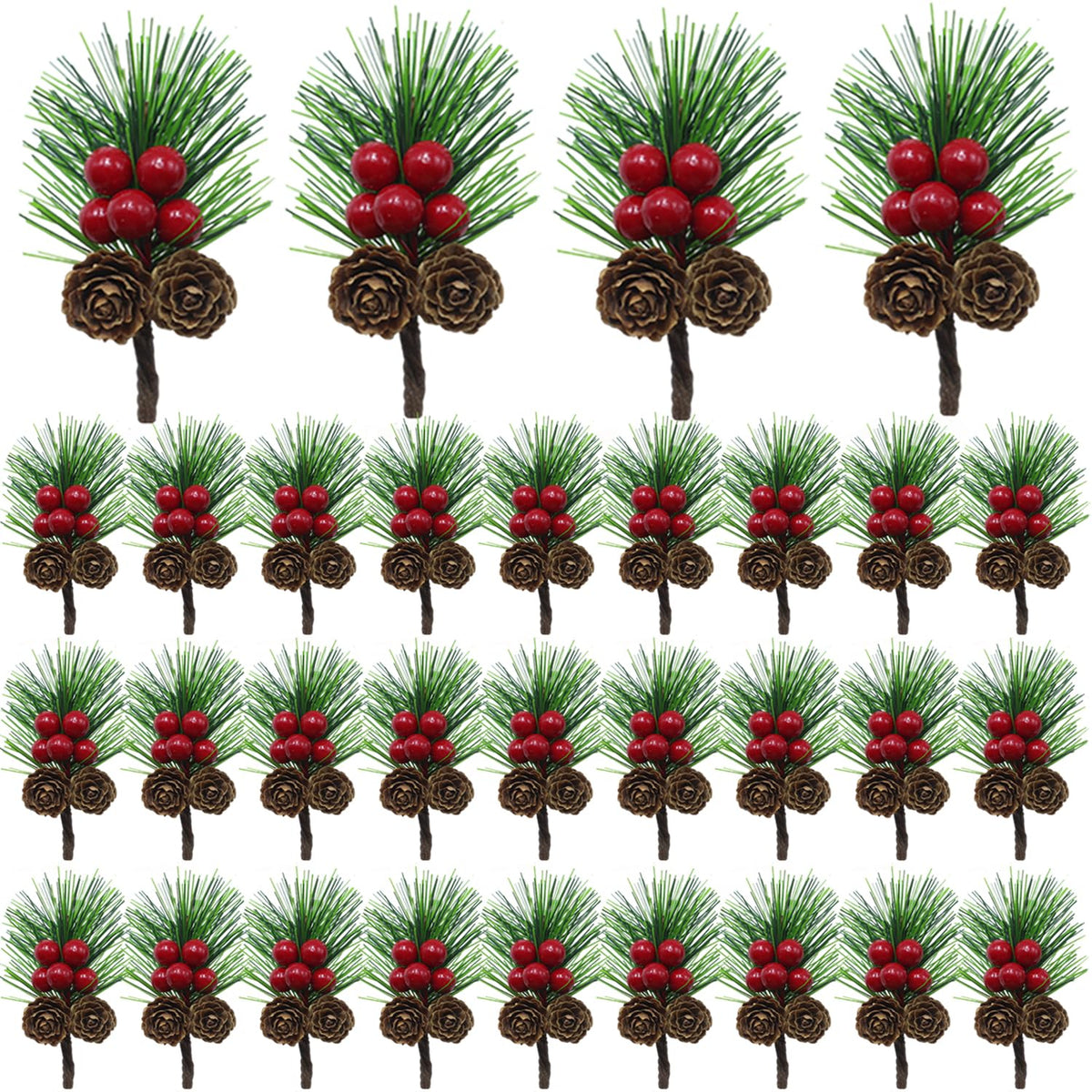 Christmas Floral Picks with Pine Cones and Holly Berries, 30Pcs Artificial Pine Greenery Stems Christmas Picks and Sprays for Holiday Decoration, Crafts, Gift Wrap Embellishments (30)