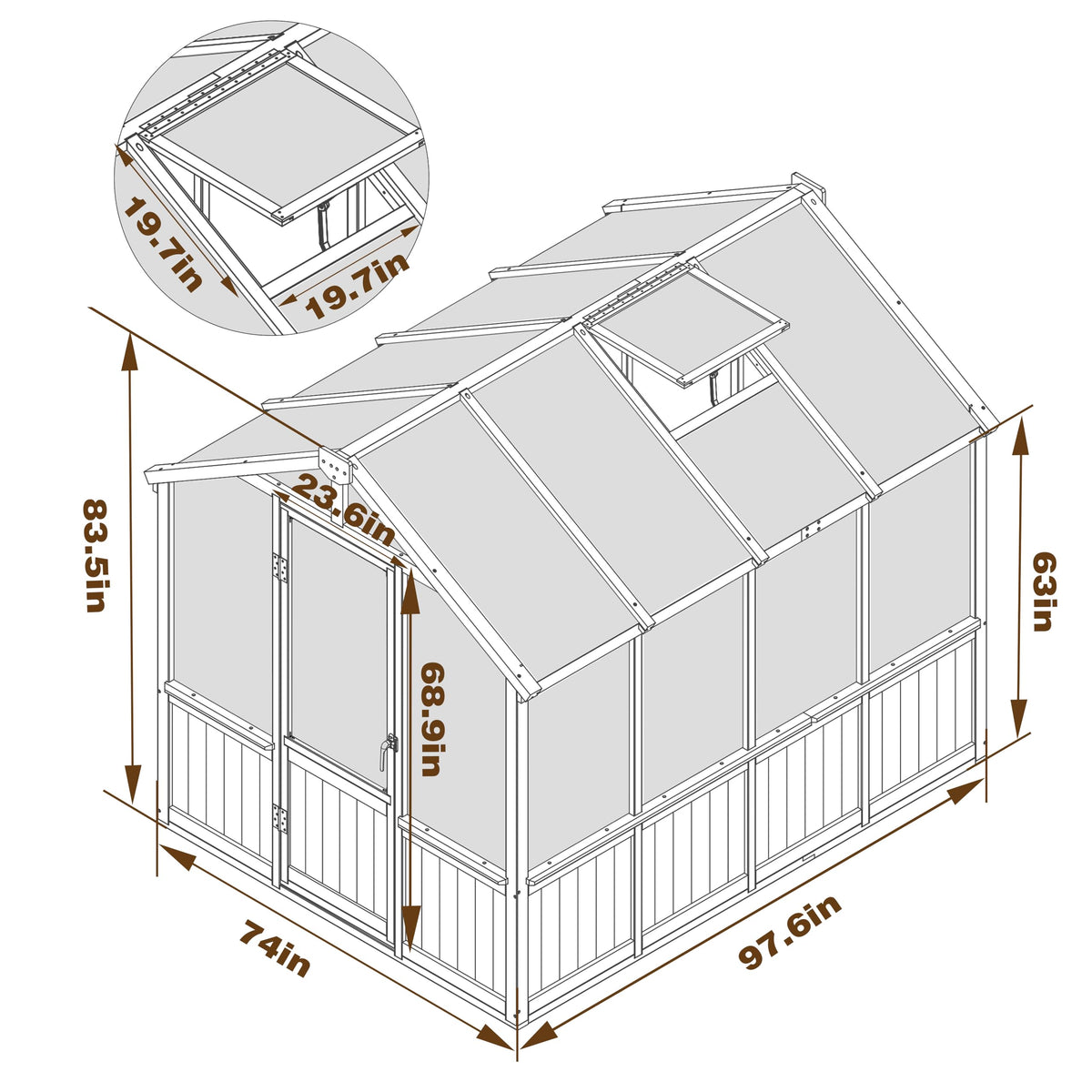 Mupater 6 x 8 FT Wooden Polycarbonate Greenhouse with Ventilated Window and Lockable Door, 6mm PC Panels for UV Protection, Walk-in Greenhouse Kit for Outdoor, Garden and Backyard, Brown