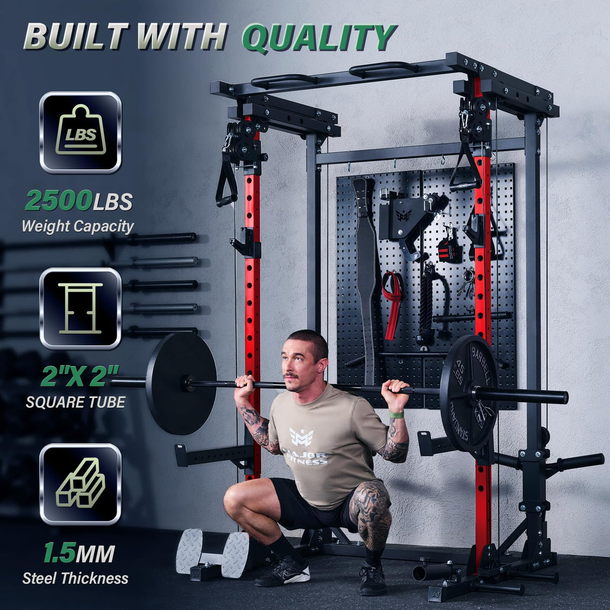 MAJOR FITNESS Drone3 Power Rack, 2500lbs Multi-Function Home Gym Squat Rack with Dual Pulley System, Pull-Up Bar & J-Hooks, Heavy-Duty Steel Frame for Maximum Stability & Strength Training
