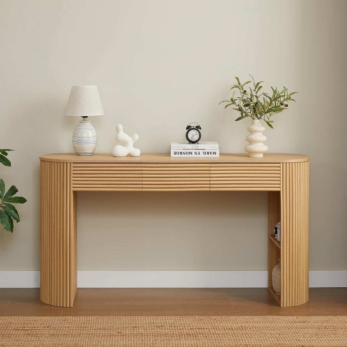 Christopher Knight Home Sara MDF Console Table With Storage, Narrow Entryway Table With 3 Drawers & Table-Leg Niche, Retro Couch Table, Round Slat Aesthetic Sofa Table For Living Room Hallway, Natural