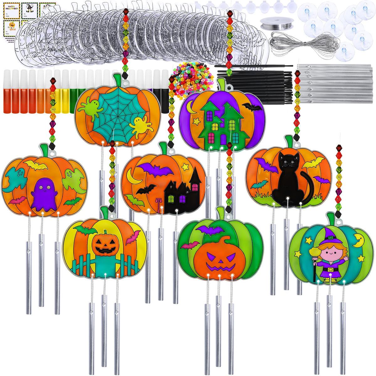 Winlyn 24 Sets Halloween Pumpkin Suncatcher Wind Chime Ornaments Decorations DIY Window Paint Art Suncatcher Craft Kits Pumpkin Sun Catchers for Kids Classroom Halloween Activities Holiday Art Project