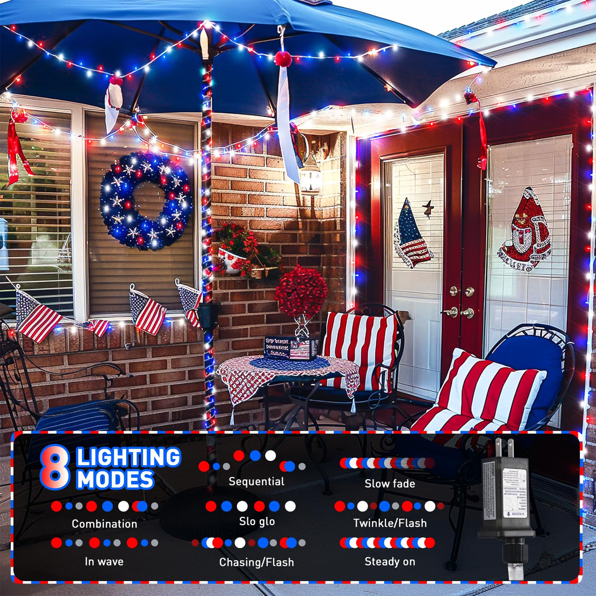 JMEXSUSS Red White and Blue Lights Clear Wire, 66 Ft 200 LED 4th of July Decorations String Lights Plug in, Christmas Light for Independence Day Celebration Party Memorial Day Patriotic Holidays Decor