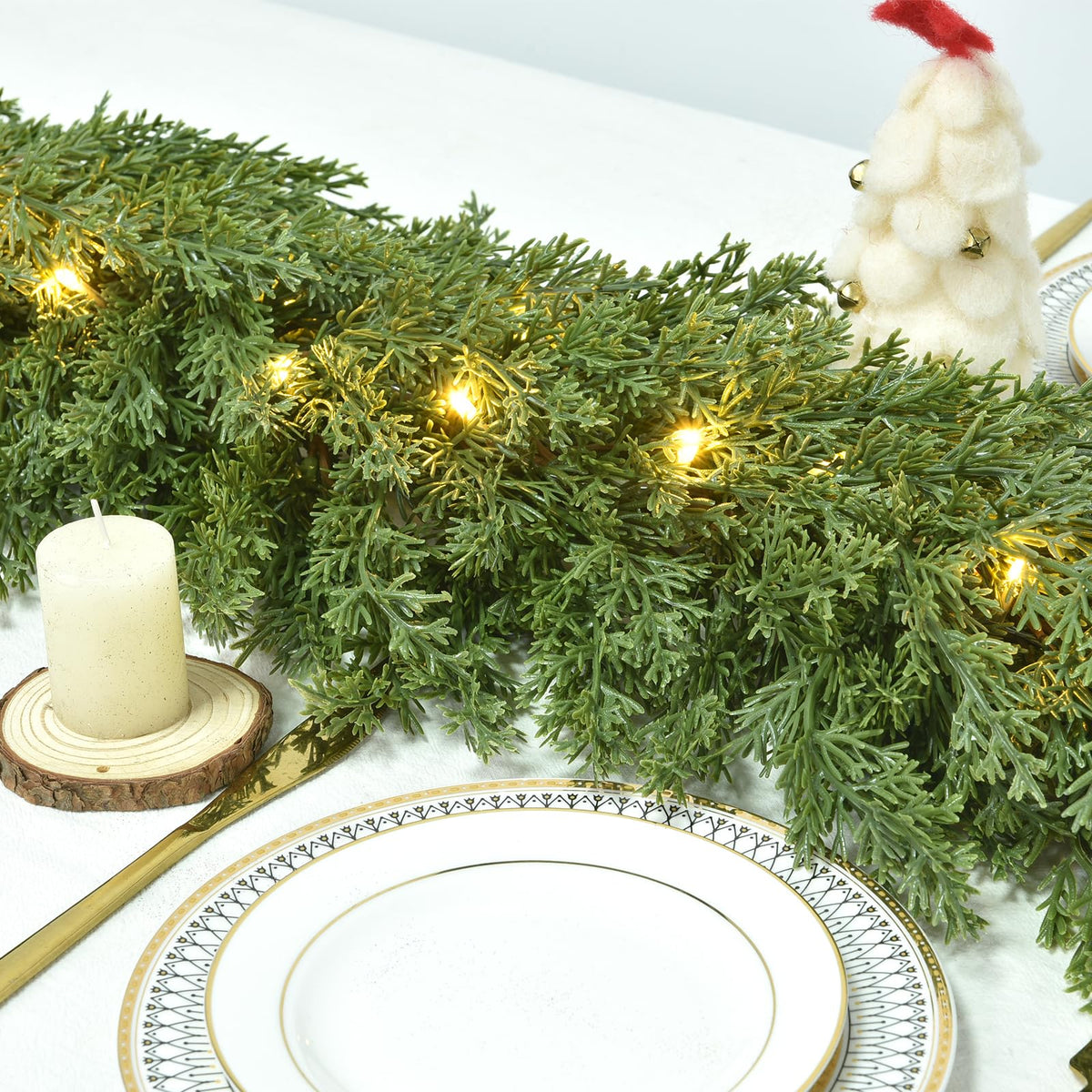 Lvydec Lighted Christmas Pine Garland Decoration, 9ft Realistic Cedar Cypress Garlands Christmas Greenery Garland with Lights for Holiday Mantel Fireplace Table Centerpiece (9ft)