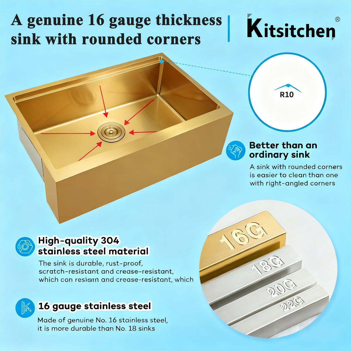 Kitsitchen Gold Farmhouse Kitchen Sink,16 Gauge 304S Stainless Steel Farm Sinks, 33"x20"x10" Large and Deep Apron Front Single Bowl Workstation Sinks with Accessories