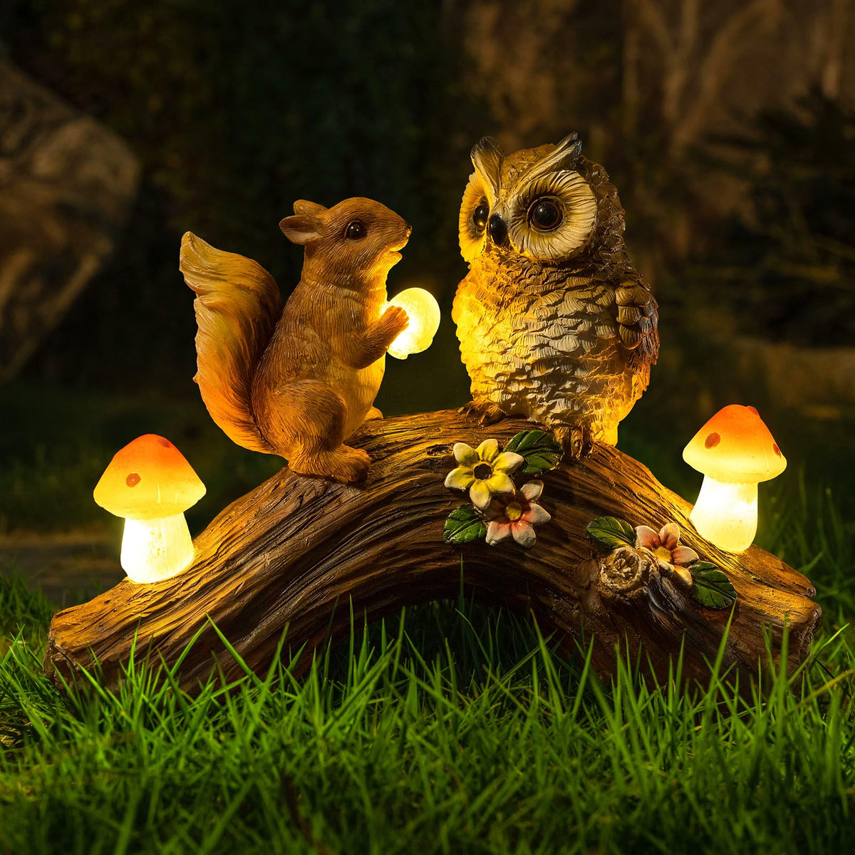 WONDHOME Solar Owl Garden Statues Outdoor Decor Resin Owl Squirrel Figurine with Mushroom Lights for Patio Lawn Yard Decorations Christmas Birthday Housewarming Gardening Gifts for Women Mom