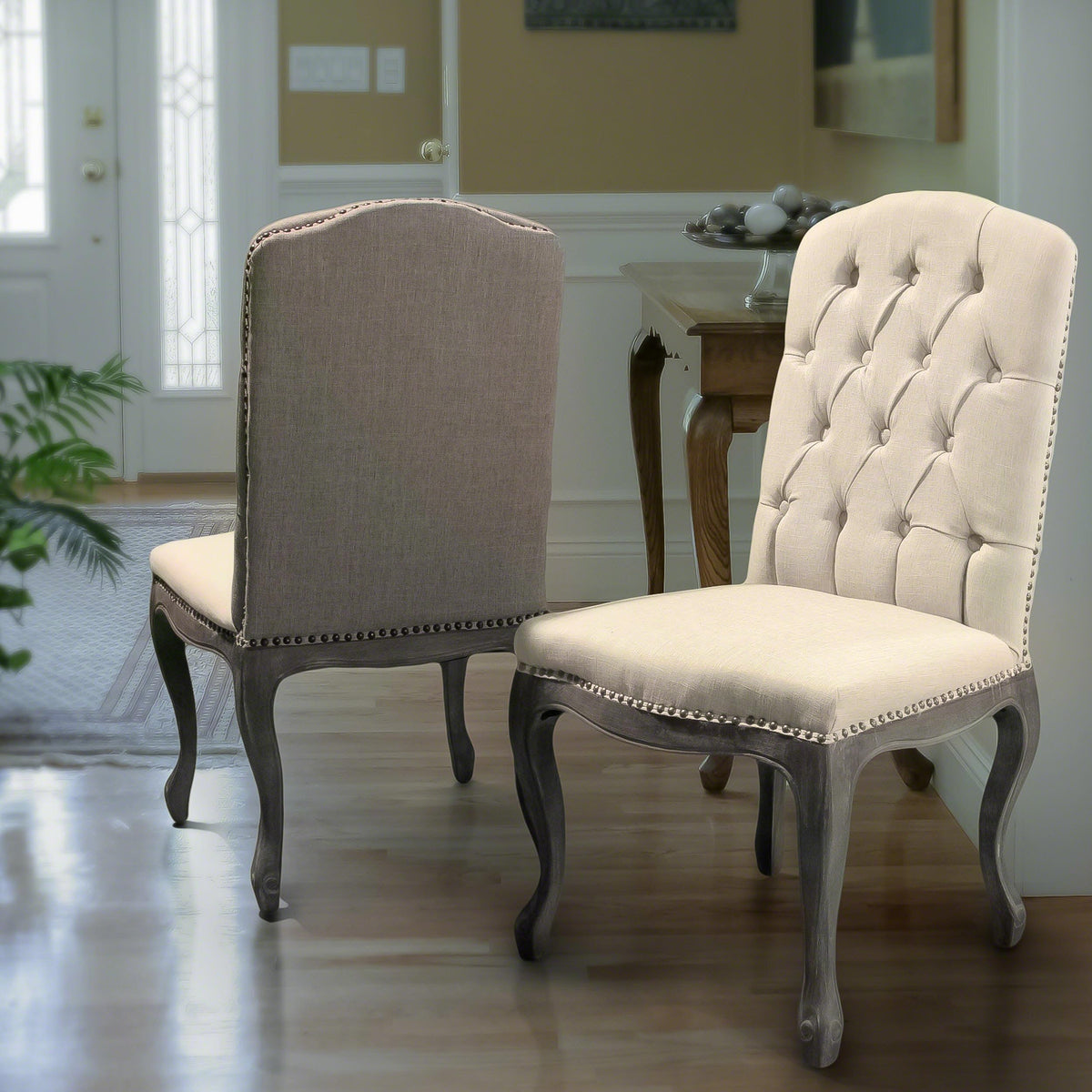 Christopher Knight Home Jolie Tufted Fabric Weathered Hardwood Dining Chairs, 2-Pcs Set, Beige
