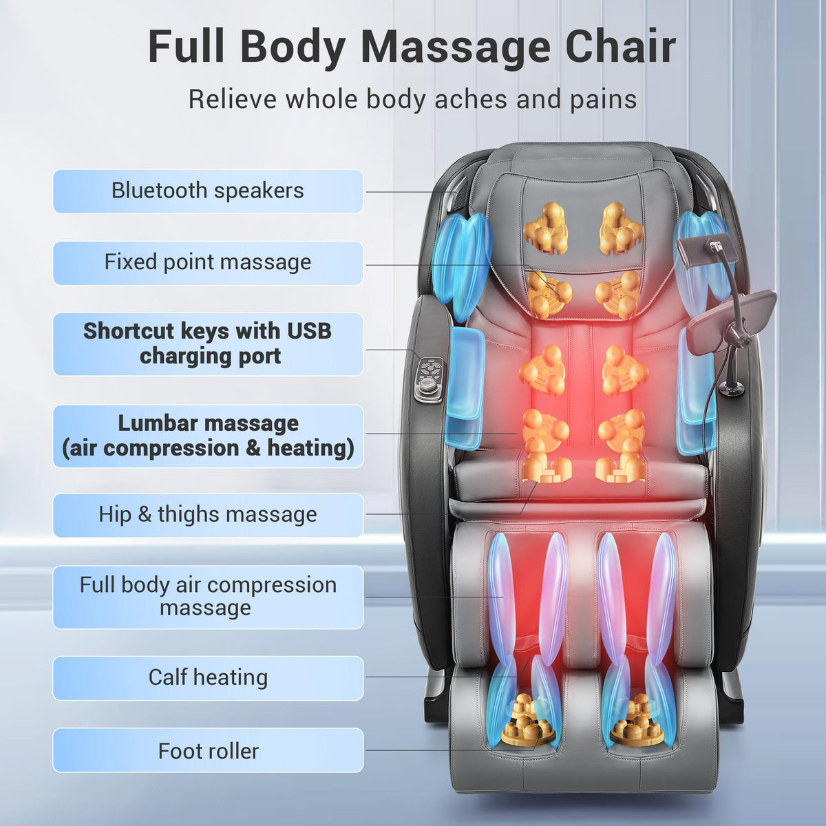 Mazzup Full Body Zero Gravity Shiatsu Massage Chair with Fully Assembled, LCD Screen, Shortcut Keys, USB Charging Port, Heat, for Loved Ones, Parents, Black