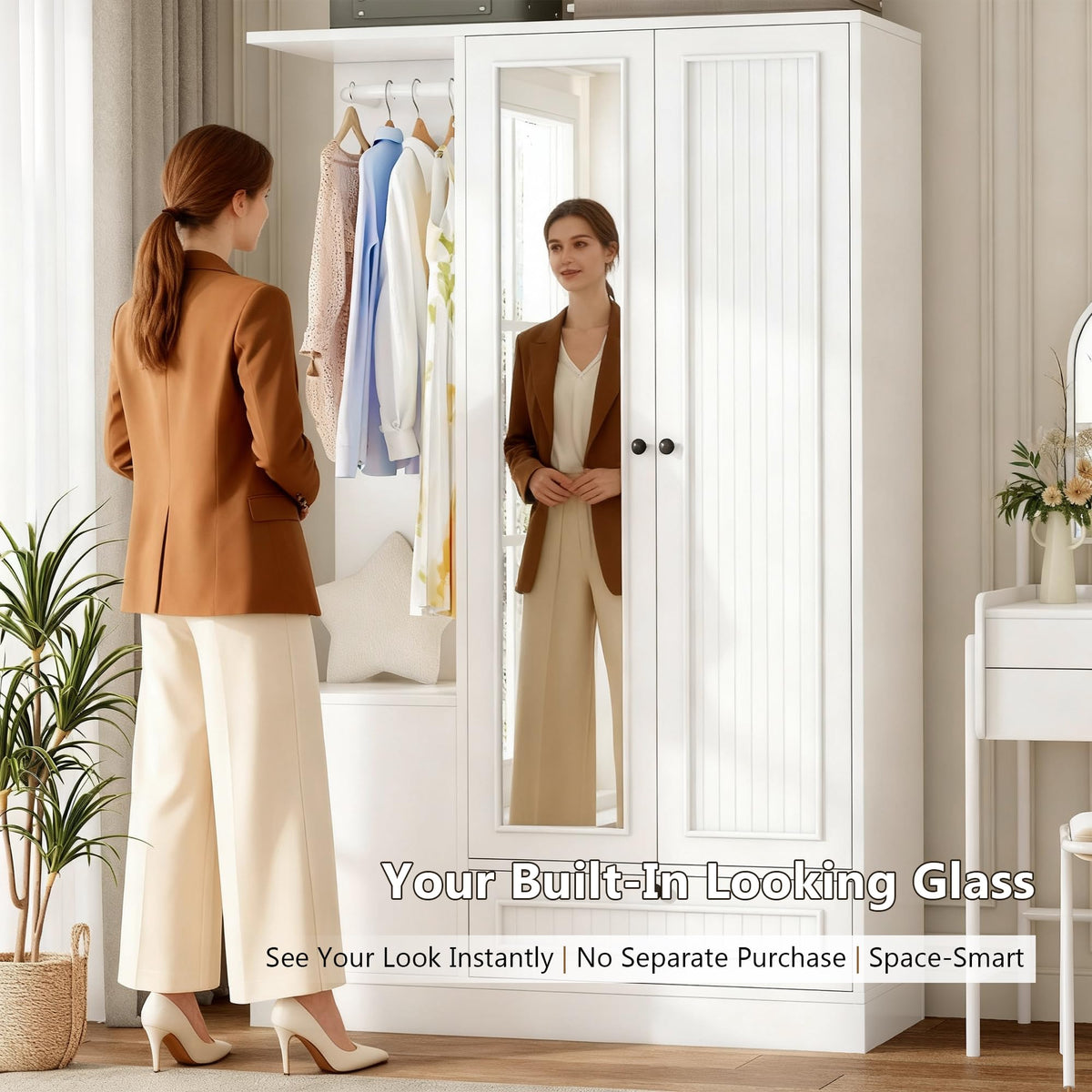 Feonase Armoire Wardrobe Closet with Mirror, Bedroom Armoires with 2 Doors, 1 Drawers and 3 Shelves, Large Clothing Storage Cabinet for Hanging Clothes, White