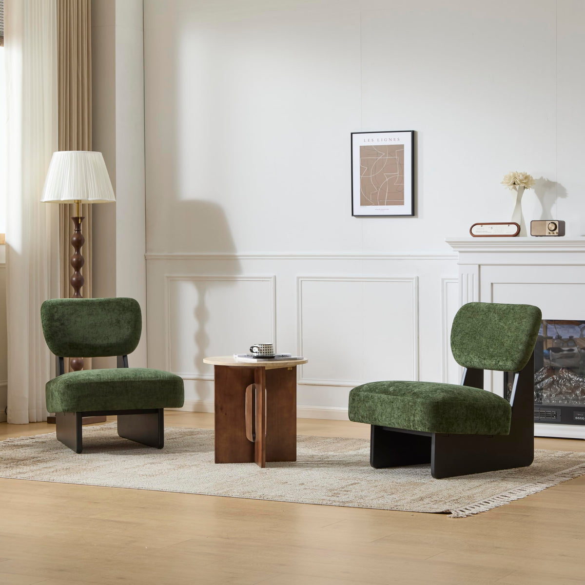 Christopher Knight Home Mores Low Profile Accent Chair Set of 2, Modern Living Room Armless Lounge Chair, Fabric Comfy Reading Chair for Bedroom, Wooden Frame and Thick Padded Seat, Black+Green