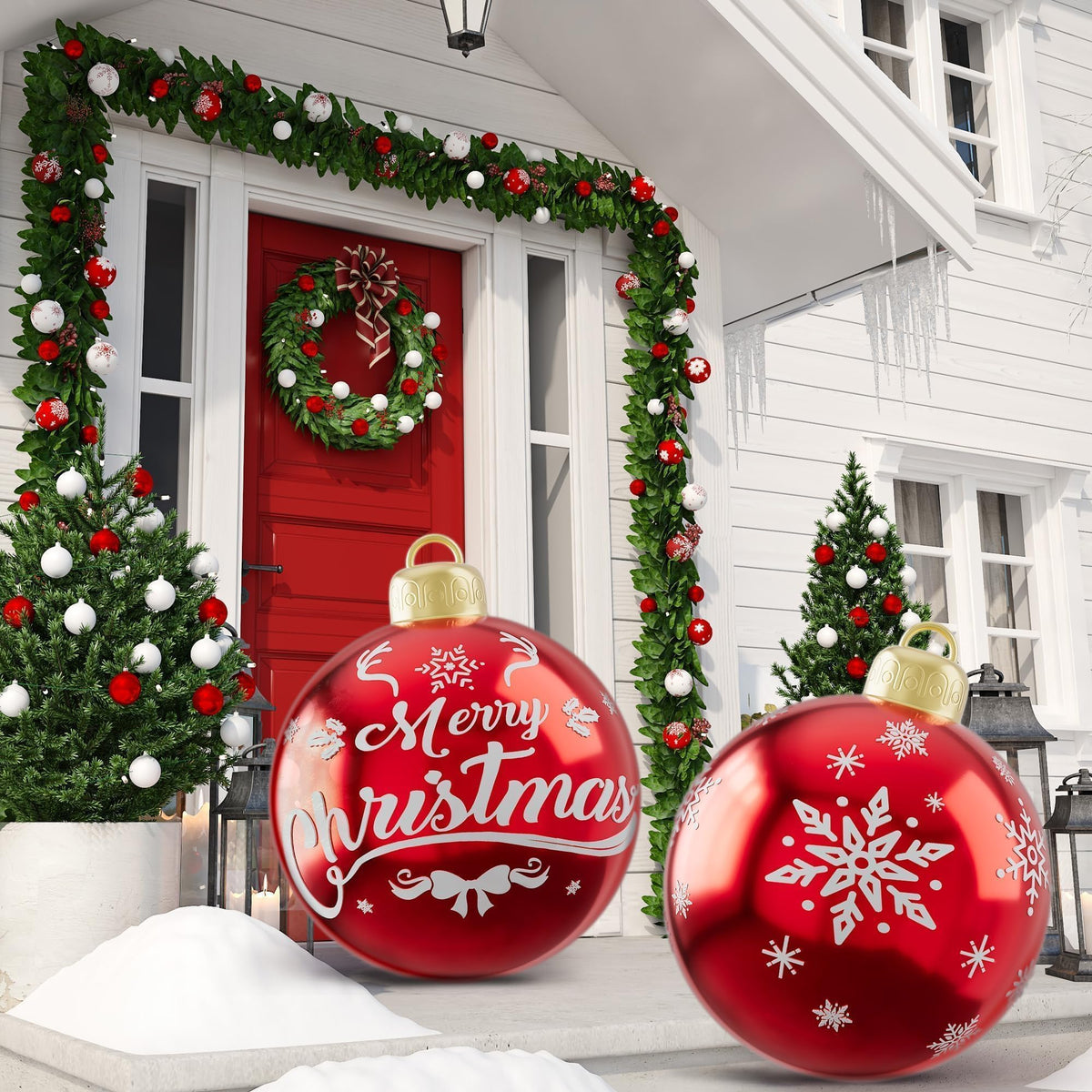 2PCS 24 Inch Christmas Inflatable Ball, PVC Giant Inflatable Ornaments Balls Red Blow up Ornament Balls, Inflatable Christmas Decorations for Outside Holiday Yard Lawn Decor(Merrychristmas Snowflake)