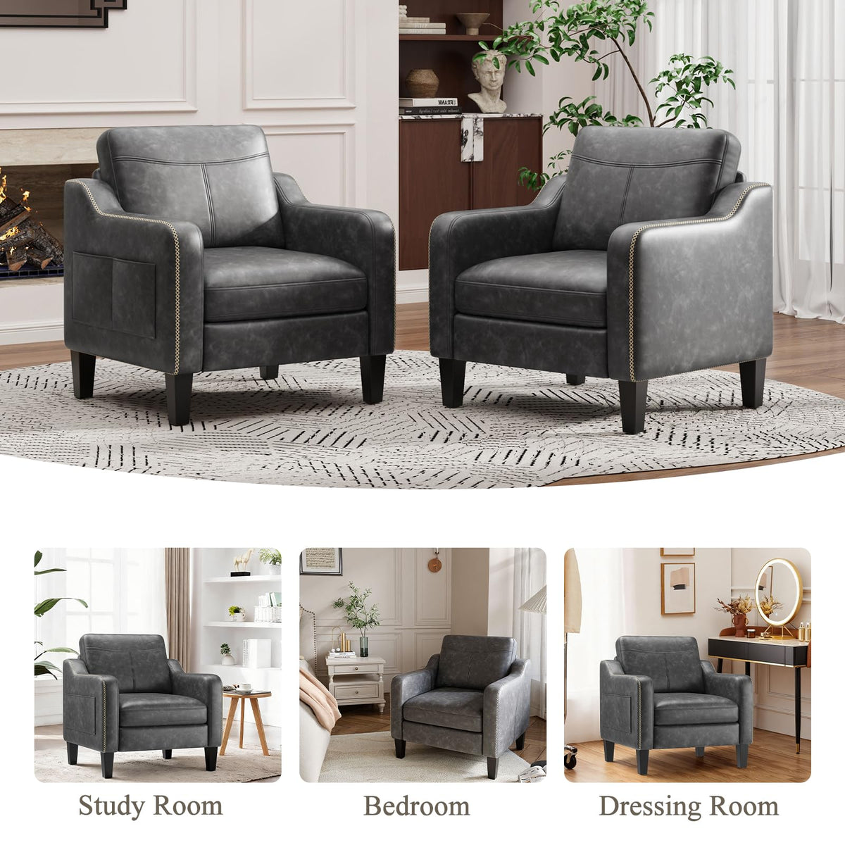 MALOL PU Leather Accent Chair Set of 2, Mid-Century Modern Living Room Armchair Sofa with Removable Cushions, Solid Wood Frame & Stitched Armrest Design, Bedroom Chair with Plastic Legs, Black