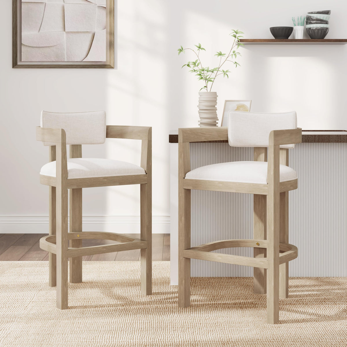 Christopher Knight Home Falcon Bar Stools Set of 2, Fabric Round Backrest Counter Height Barstool for Kitchen Island, Wooden Dining Room Chair, Bar Table Counter Stool with Footrest, Light Ash+Beige