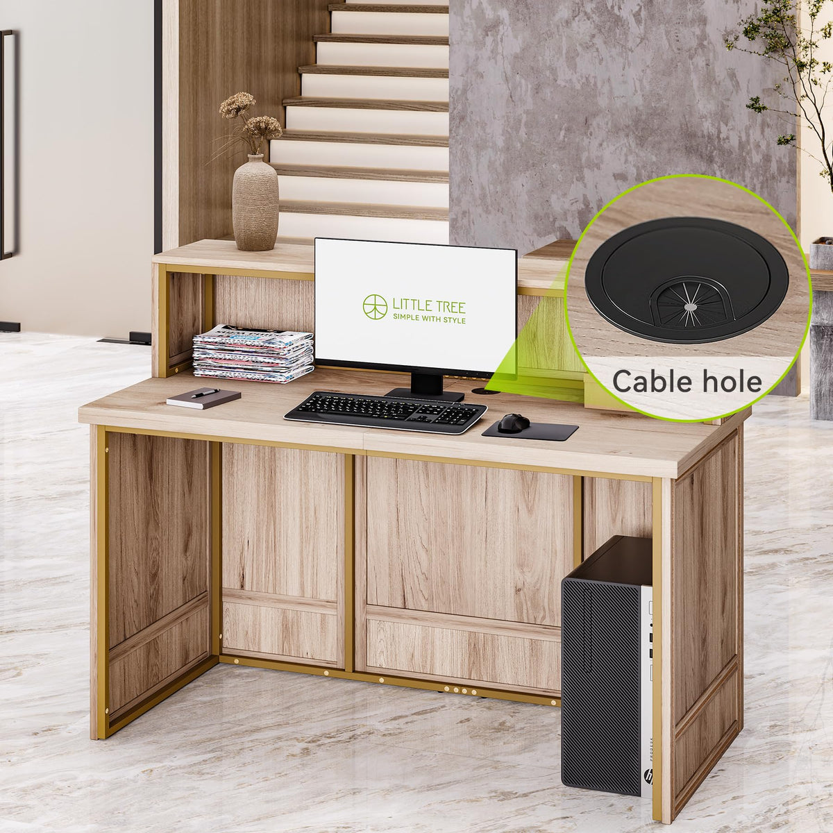 LITTLE TREE 57-Inch Reception Counter, Boho Style Front Desk, Modern Checkout Counter, Reception Desk for Retail, Lobby, Salon, Office, Oak