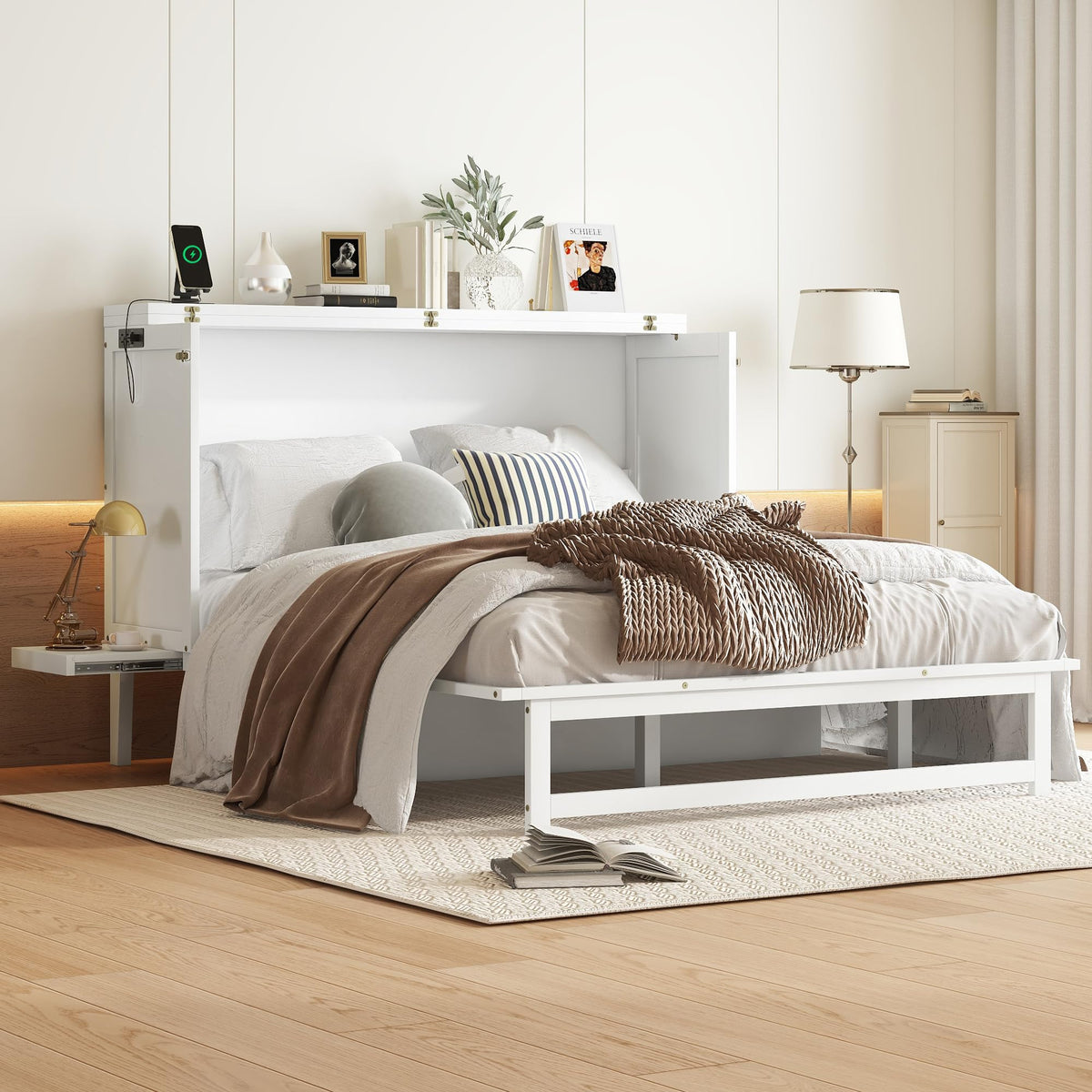 Ball & Cast Murphy Bed Full W/Desk & 2 Removable Shelves,Cabinet Bed W/ 2 USB Port & Power Outlets,Hidden Foldable Wall Bed Frame for Home Office,Apartment,Guest Room,White