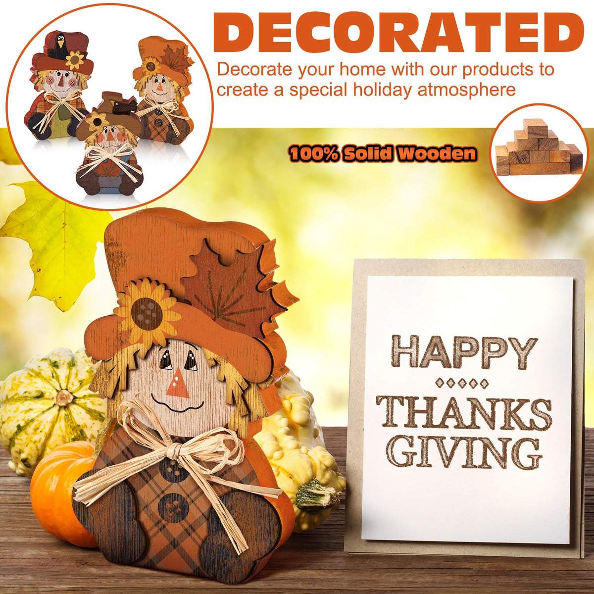 Ferraycle 3 Pcs Thanksgiving Scarecrow Decor Fall Decor Farmhouse Sign Rustic Tiered Tray Decorations Table Centerpieces Standing Pumpkin Turkey Wooden Block Sign for Home Kitchen(Scarecrow)