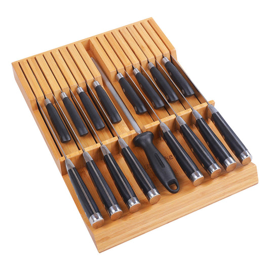 Utoplike In-drawer Knife Block Bamboo Kitchen Knife Drawer Organizer Large, handle Steak knife Holder without Knives, Fit for 16 Knife and 1 Sharpening Steel (Knives & Sharpening Not Included)