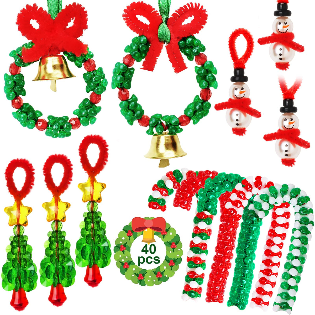 AWHETIE Christmas Crafts for Kids and Adults, 40 Sets Beaded Ornament Kit with 20 Wreaths with Bell, 5 Snowman, 5 Trees, 10 Candy Canes, Holiday Decorations