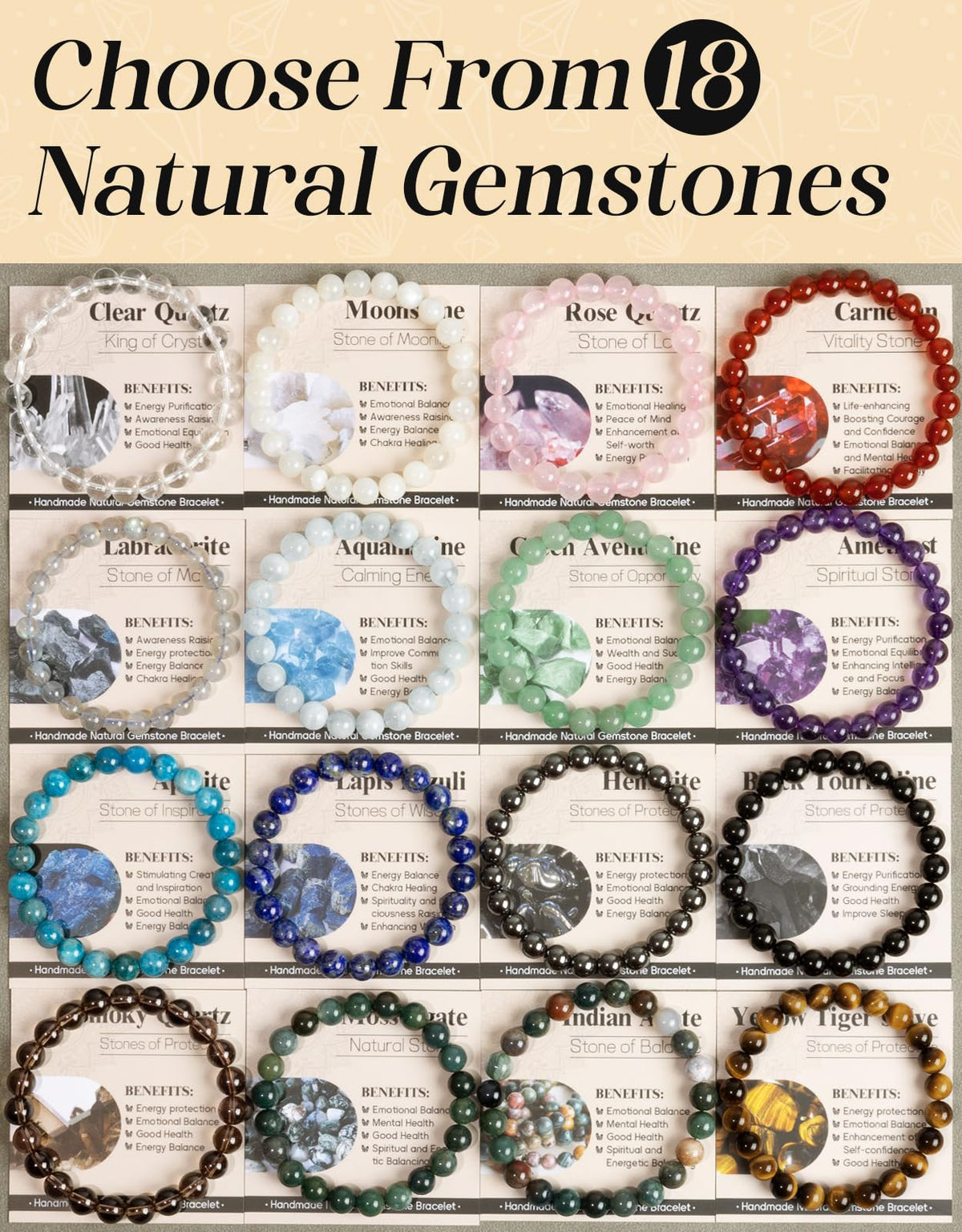Landorilo Beaded Bracelet for Men Women, 8mm Natural Stone Moonstone Healing Crystal Stretch Bracelets, Ideal Christmas Birthday Jewelry Gifts with Energy Card，Replacement Beads Included