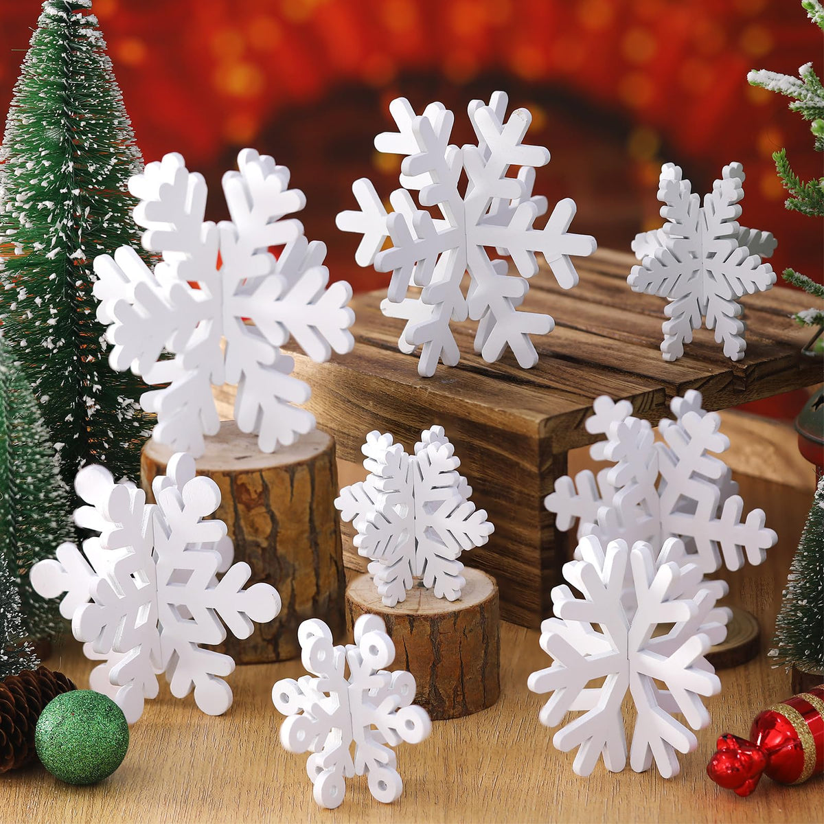 Wenqik 16 Pcs Winter Wooden Snowflake Decor Christmas Winter Snowflake Tabletop Decorations 3D Snow Table Signs Standing Centerpiece Xmas Tiered Tray Decorations for Party(White)
