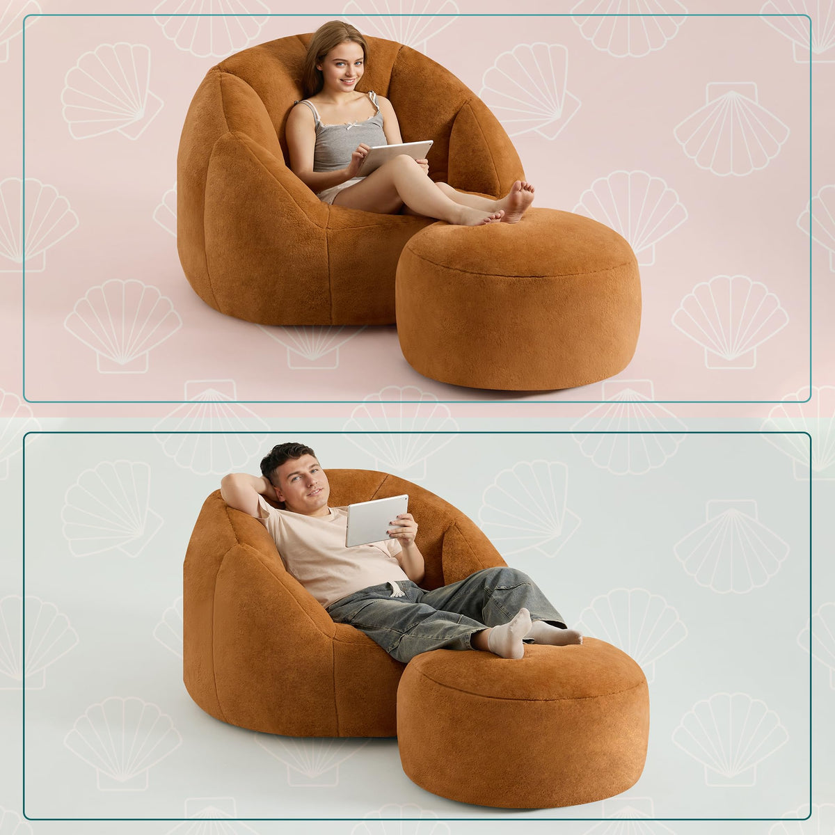 Gericco Giant Bean Bag Swivel Chair for Adults with Ottoman - Comfy Plush Round Shell Soft Accent Chaise Lounge Indoor Chair, Oversized Cozy Floor Sofa for Living Room Game Rooms, Orange