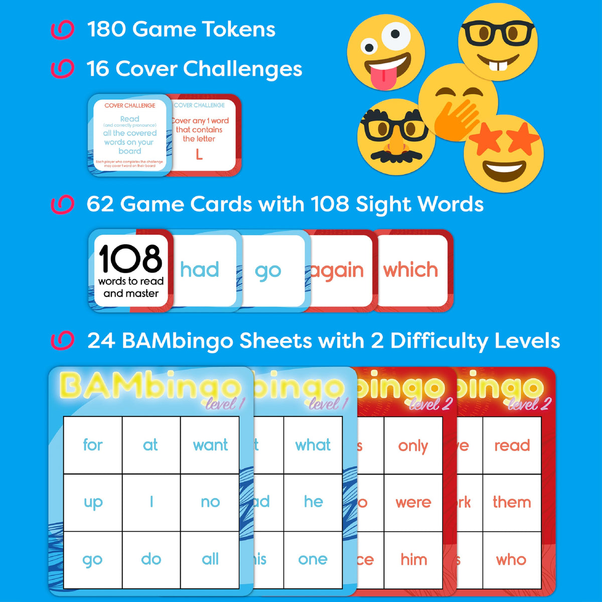 THE BAMBINO TREE Sight Word Bingo Game Level 1 and 2 - Educational Games for Kids - Learn to Read Vocabulary for Kindergarten 1st Grade - Dolch's Fry's Words Lists