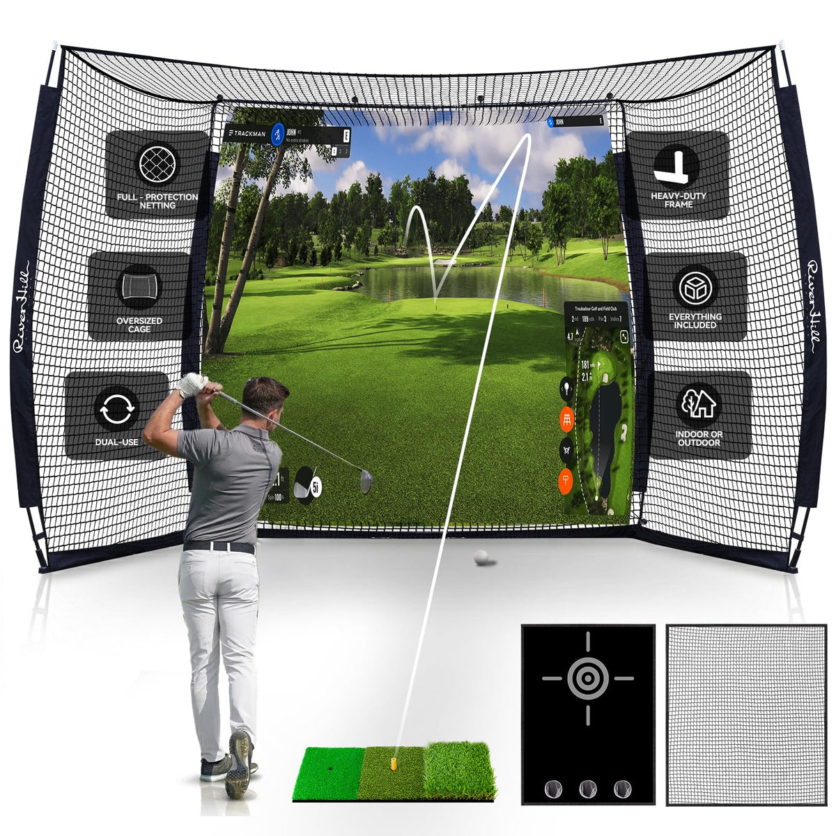 Golf Cage with Impact Screen, 10x8 Ft Golf Hitting Net w/Sound-Dampening Cloth, Practice Mat, Golf Simulator Enclosure, Indoor & Outdoor Driving Chipping Equipment for Home, Backyard & Garage