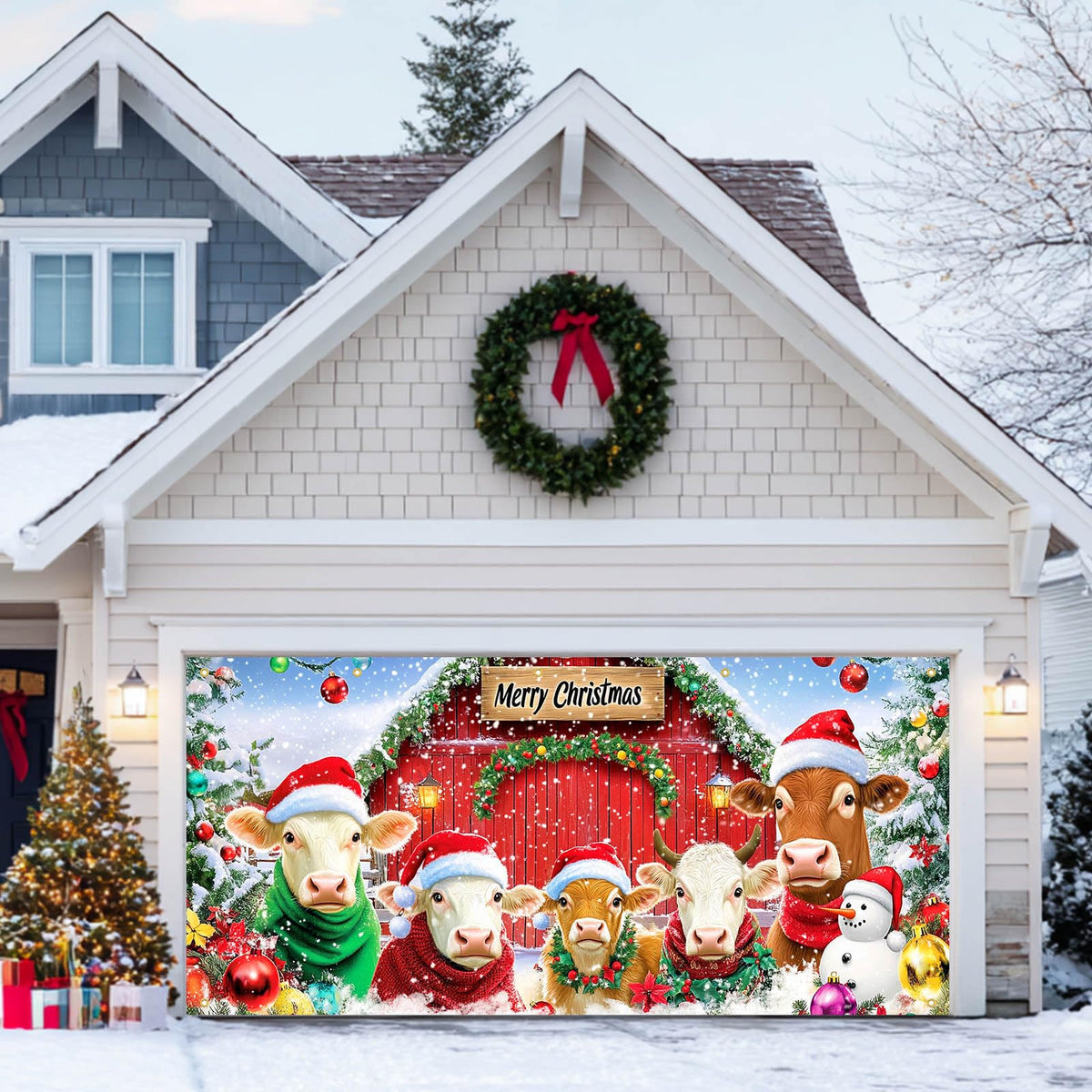 HOMETITUTE Merry Christmas Garage Door Banner 13x6ft Cows Farm Animals Barn Theme Backdrop Banners for Inside Winter Door Cover Banners for Outside Garage Wall Covering Party Decorations