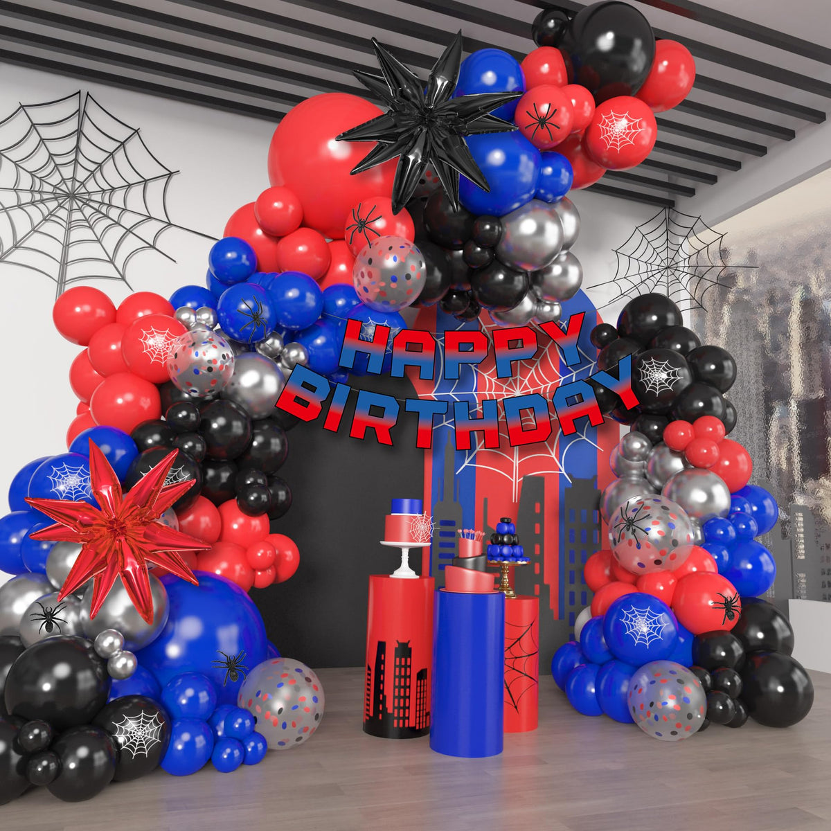 162Pcs Black Red and Blue Balloon Arch Garland Kit, Spider Theme Party Decorations with Star Foil Balloons Happy Birthday Banner for Man Boy Kids Spider Baby Shower Birthday Party Decor Supplies