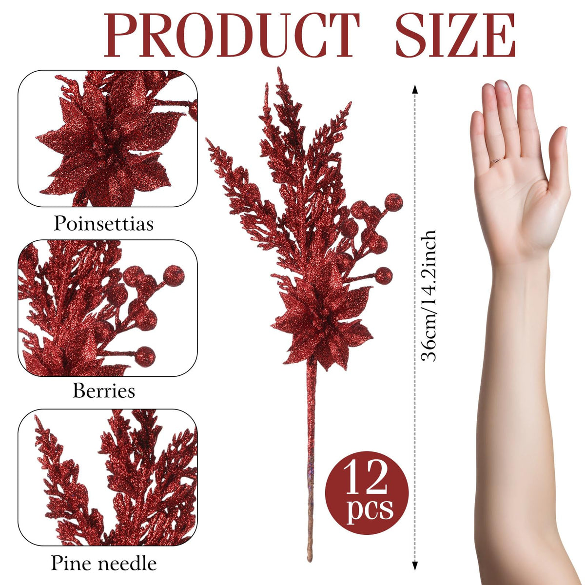 FineCheer 12 Pcs Glitter Christmas Picks Decoration Artificial Berry Branches Pine Needles Spray and Poinsettia Flowers Christmas Tree Ornaments for Xmas Decor Wreaths Wreath Vase Fillers(Burgundy)