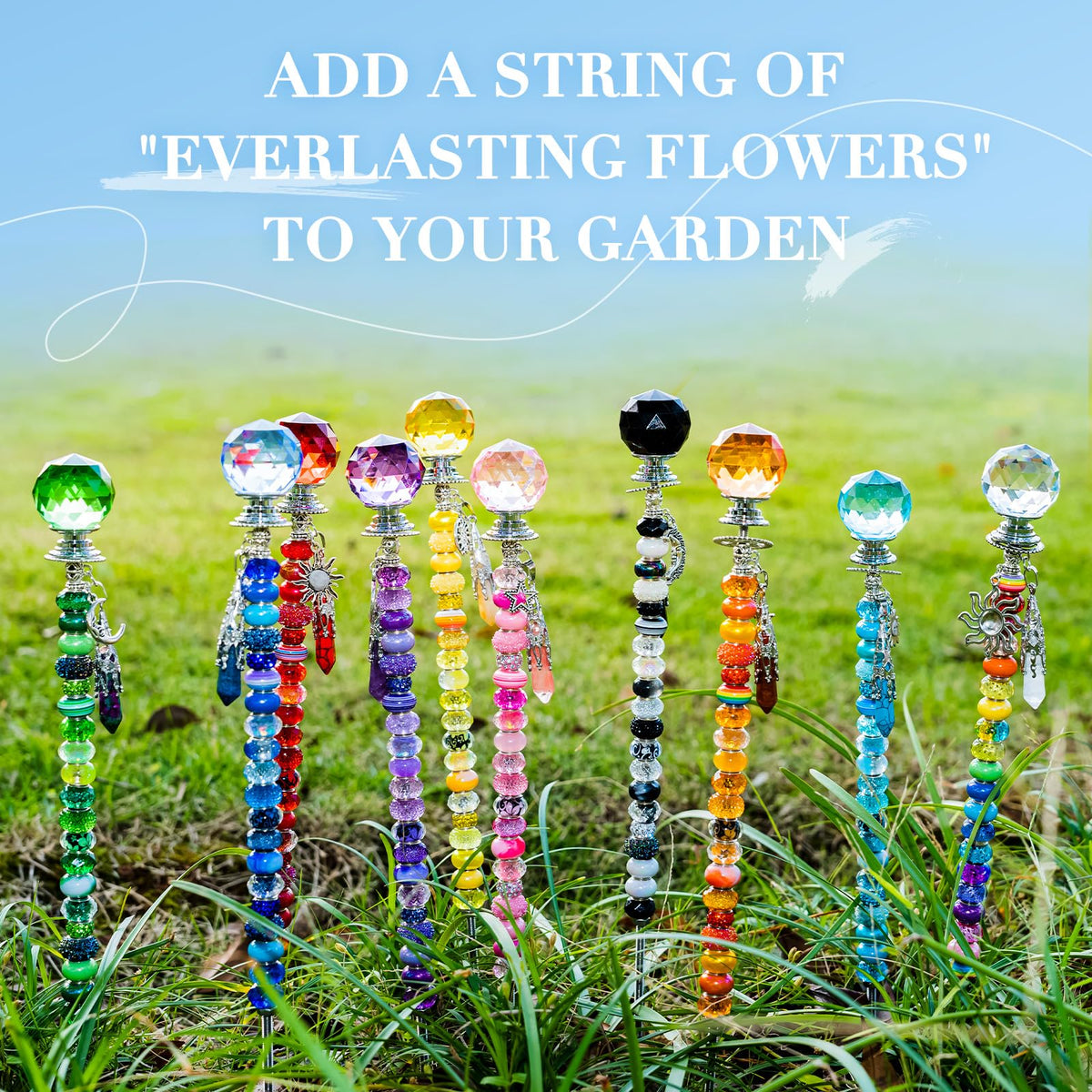 260 Pcs DIY Beaded Garden Stakes, Fairy Wand 10-Pack Garden Decorative Kit with Healing Crystal Pendant, 12in Threaded Rods, Crystal Diamond Tops, for Spring Garden Outdoor&Indoor Decorations