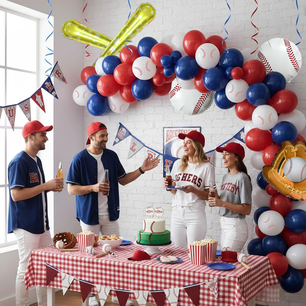 Baseball Balloon Arch Kit, Navy Blue Red White Balloon Garland with Baseball Print Baseball Bat and Glove Foil Balloons, for Rookie Year Baseball Birthday Party Decorations