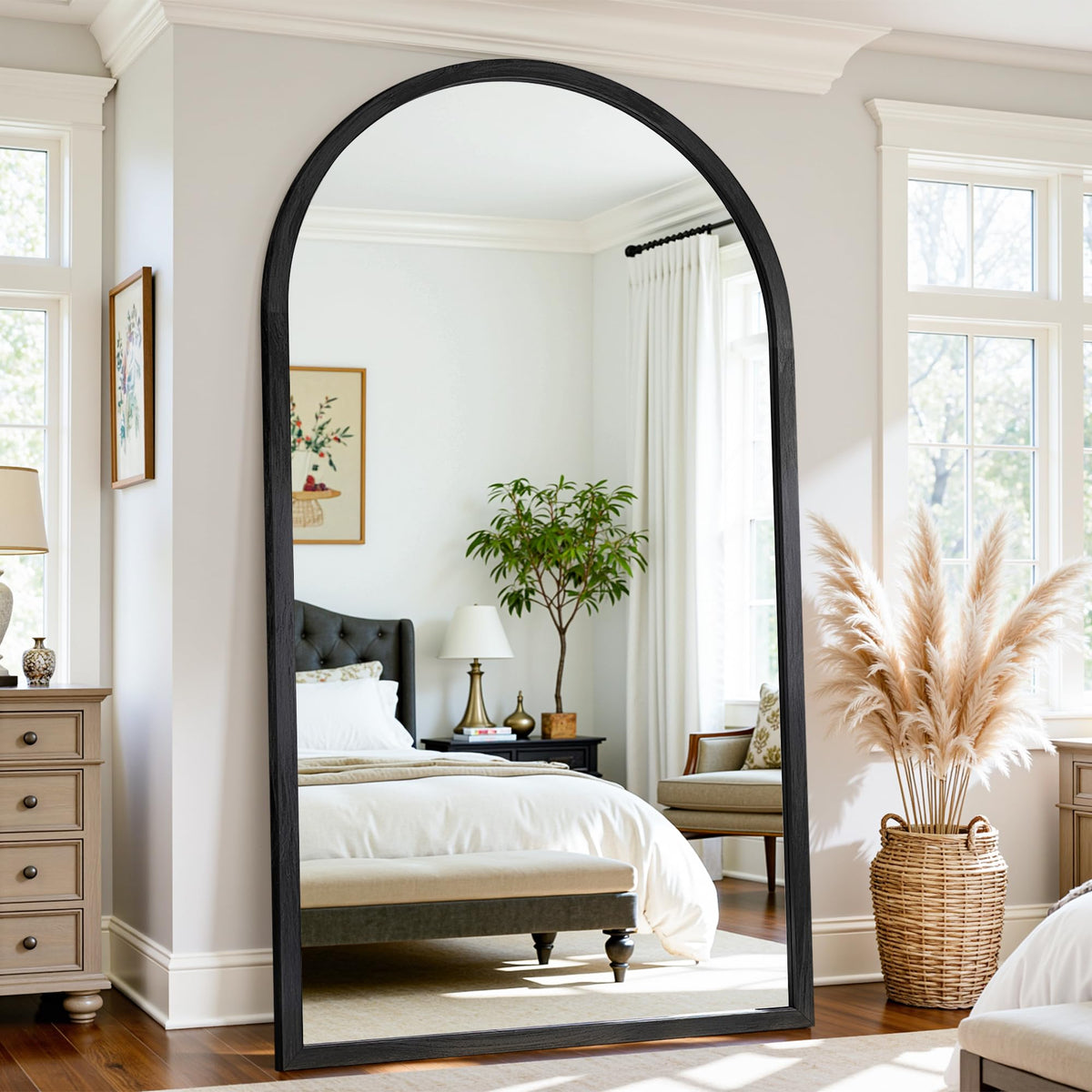 Full Length Mirror 82"×44" Floor Mirror Standing Tall Mirror, Arched Stand up Large Wall Mirrors, Freestanding Full Body Mirrors for Bedroom Living Room Wood Antique Style Black