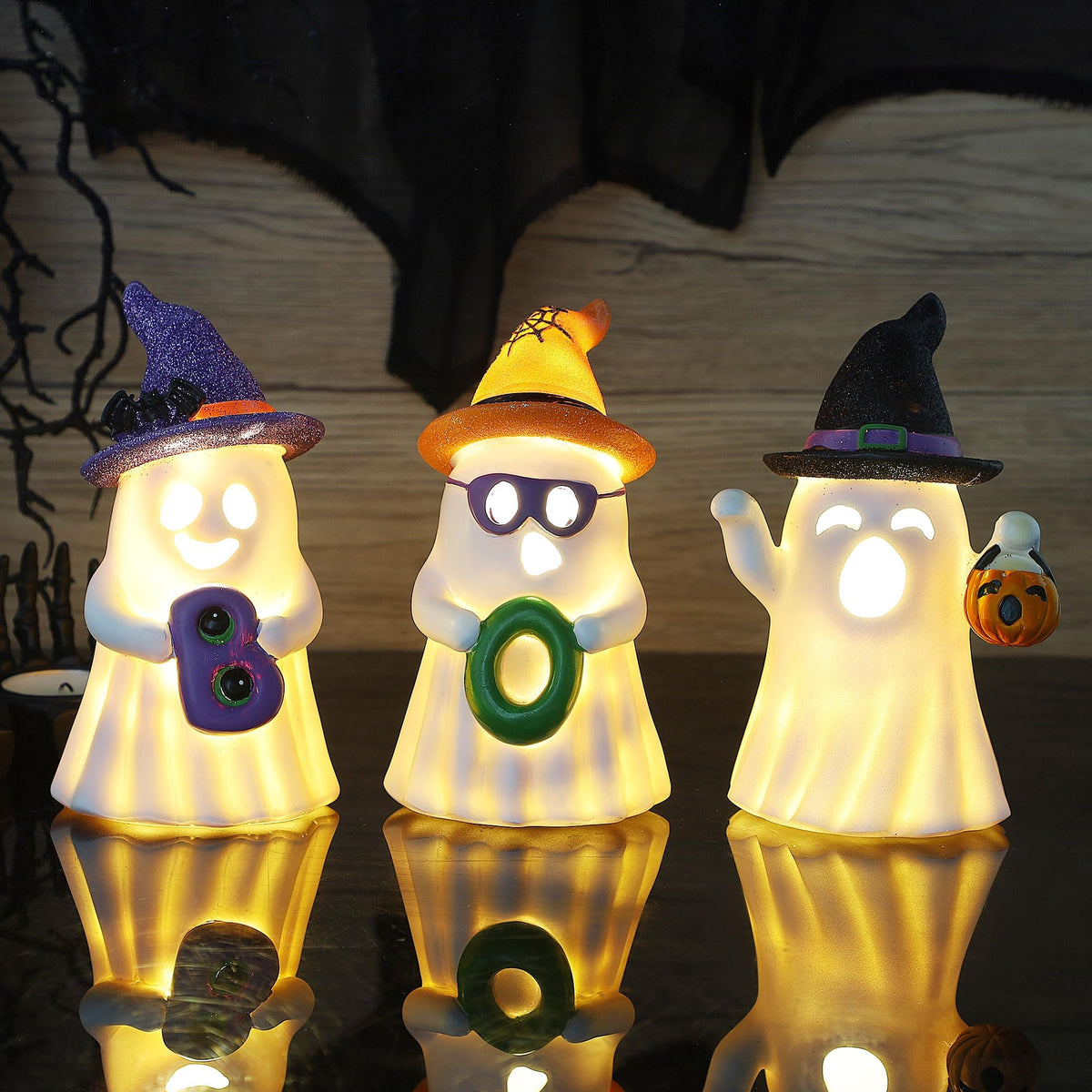 Lulu Home 3 Packs Halloween Tabletop Ornaments, 5.5" H Light Up Resin Ghosts Wearing Glittered Witch Hats, Boo Ghost Figurines for Indoor Fireplace Kitchen Shelf Holiday Decorations