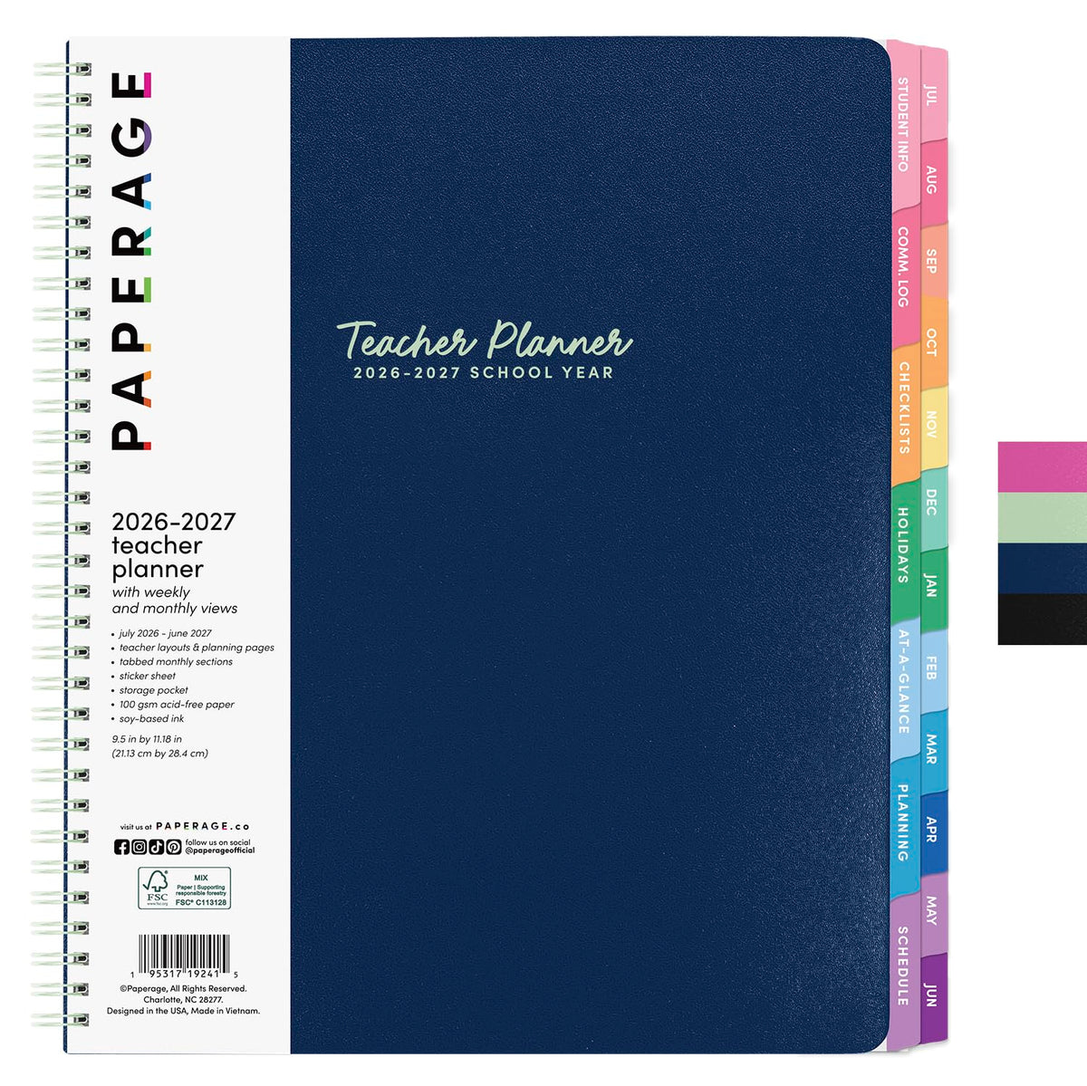PAPERAGE Teacher Planner, Weekly & Monthly Academic Planner & Calendar, 12-Months, July 2026 - June 2027, (9.5" x 11"), Teacher Lesson Planning Book with Tabs, Stickers & Inner Pocket, Royal Blue
