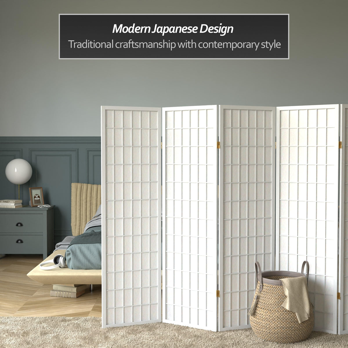 Red Lantern 5 ft. Tall Window Pane Shoji Screen - White - 6 Panels