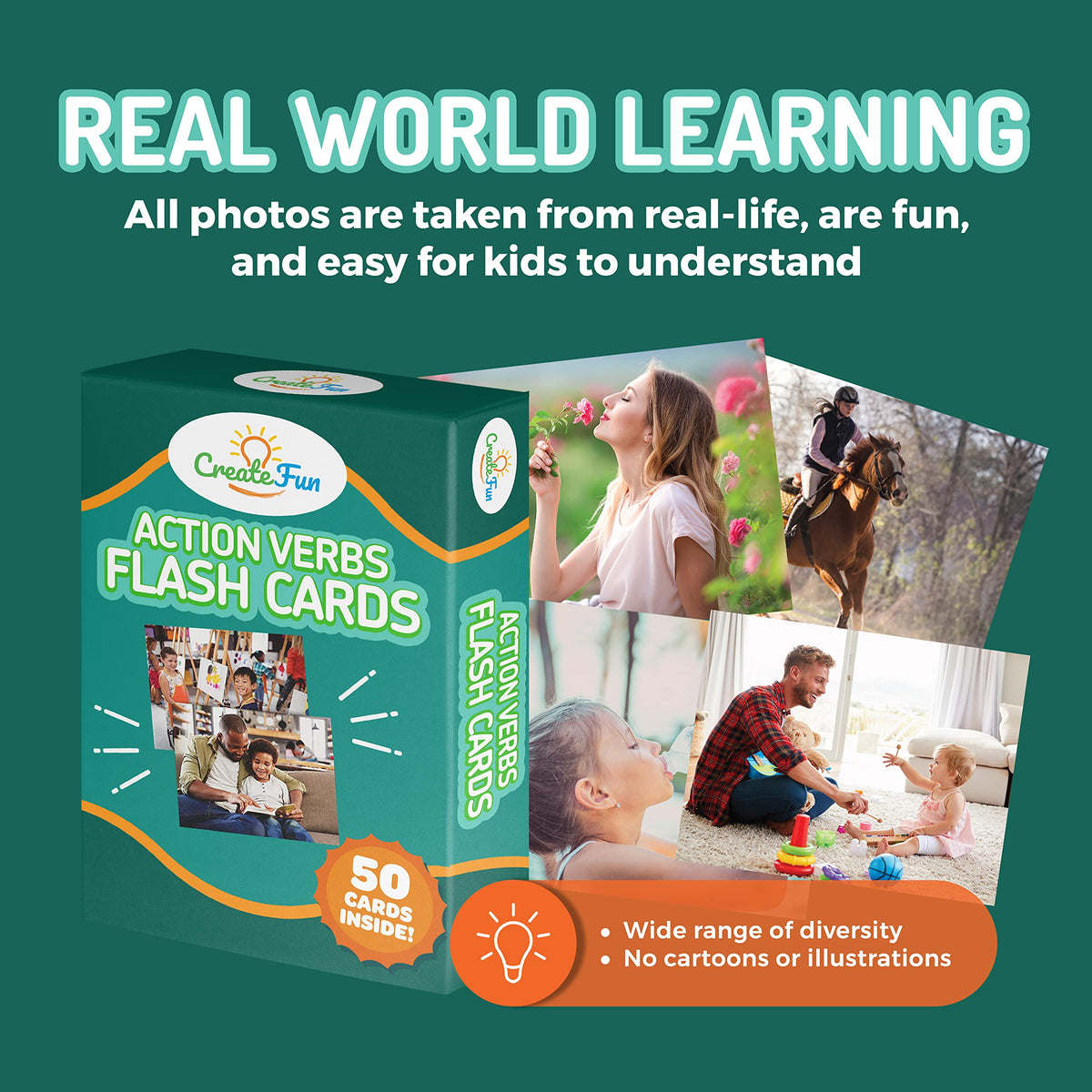 50 Action Verbs Flash Cards - Vocabulary Builder for Speech Therapy, ESL & Homeschooling | Realistic Diverse Pictures for Kids & Adults with Autism, Dementia, Aphasia, SLP | Educational Learning Cards