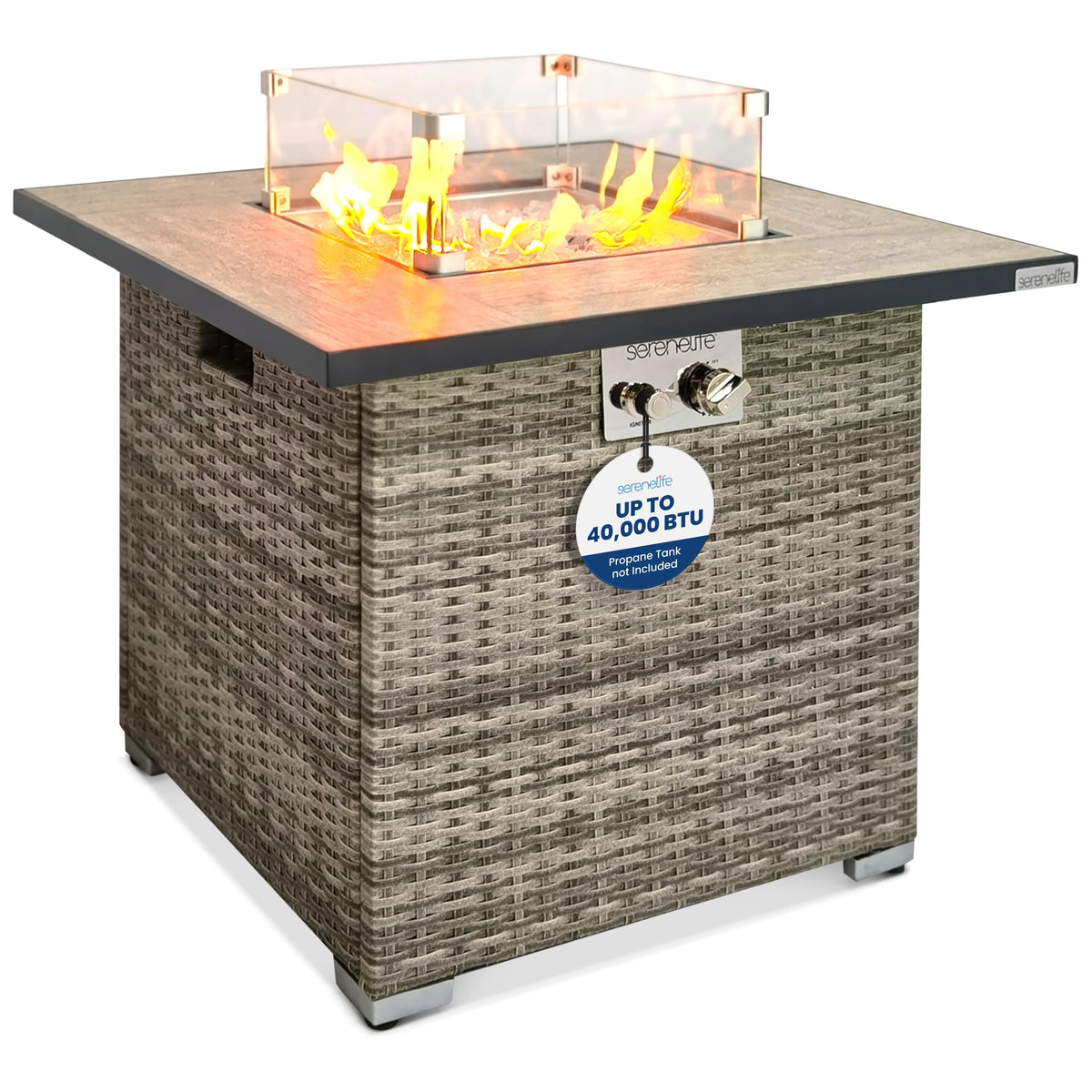 SereneLife Outdoor Propane Fire Pit Table - CSA/ETL Certified Safe 50,000 BTU Pulse Ignition Weatherproof Square Wicker Propane Gas Fire Table w/Tile Tabletop Adjustable Flame - Glass Rocks