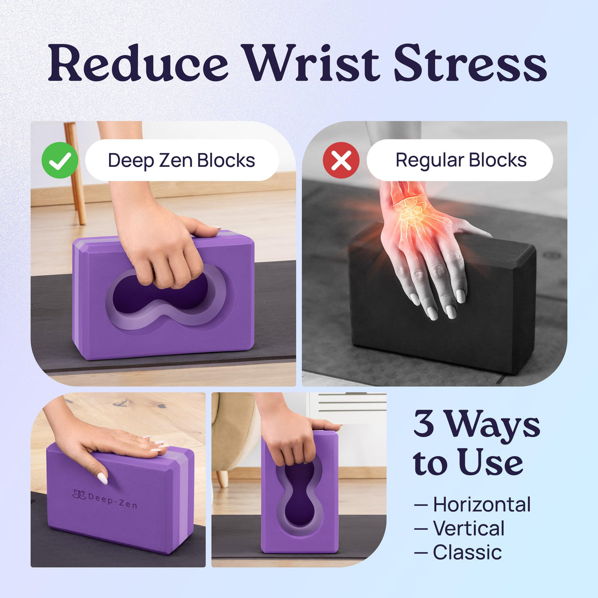 Deep-Zen® Yoga Blocks Wrist Support; Yoga Blocks 2 Pack with Knee Pads and Strap to Put Less Weight on Wrists; Durable, Versatile Yoga Brick Exercise Block Set, Blocks Yoga (Purple)