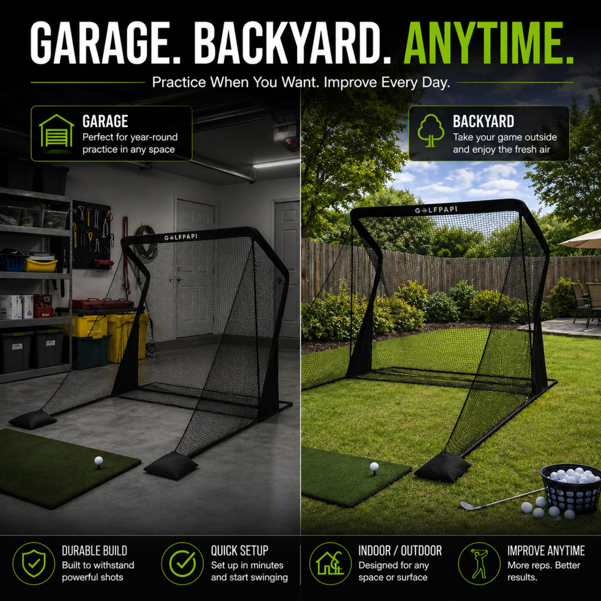 GOLF PAPI Golf Practice Net – 7.5 ft Compact Golf Hitting Net with Steel Frame and Side Net Protection – Indoor & Outdoor Golf Training Net for Backyard, Garage, or Simulator Use
