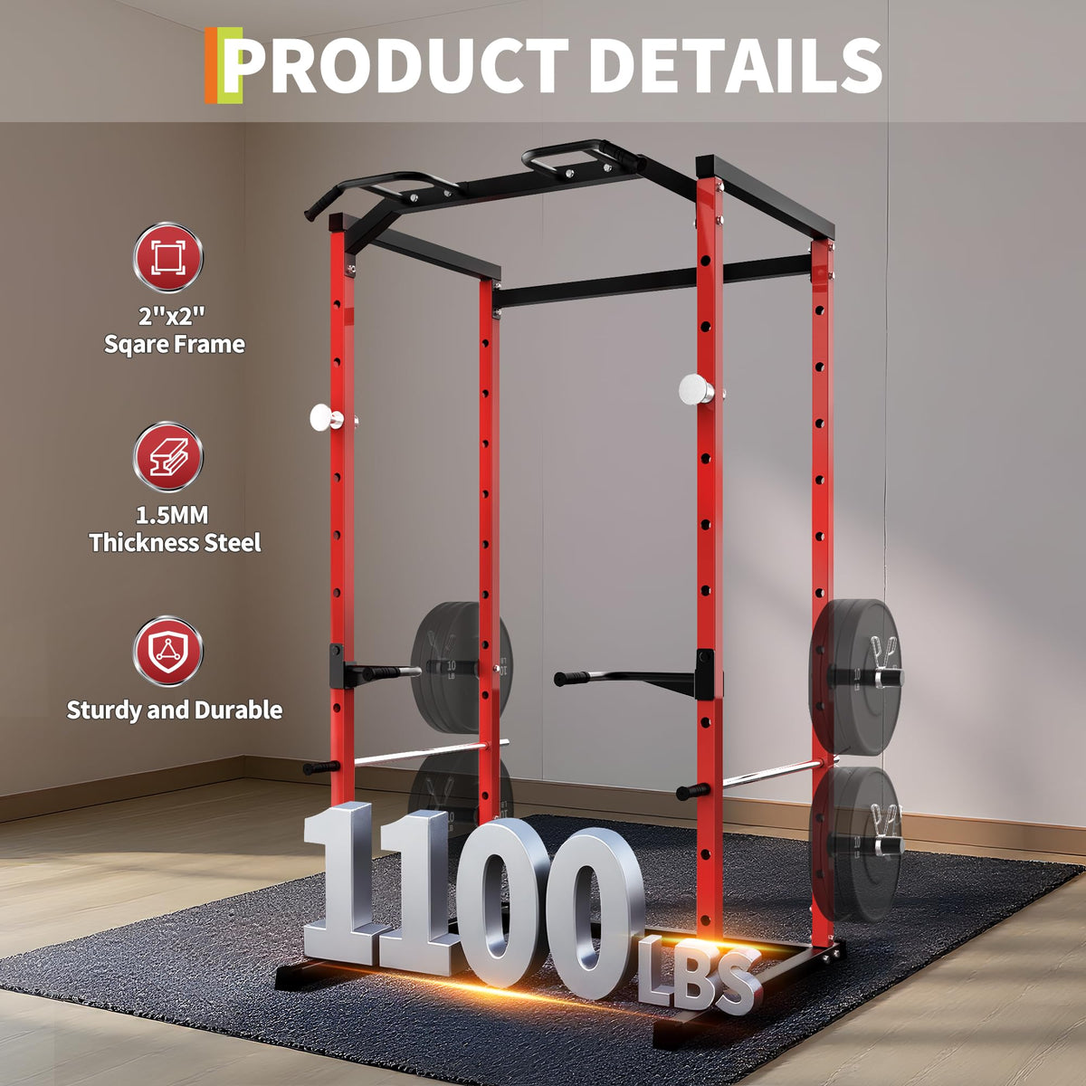 Garvee Power Cage, Squat Rack for Home Gym, 1100LB Capacity Power Rack with Pull-Up Bar, Adjustable Safety Bars, Strength Training for Home Gym, Red