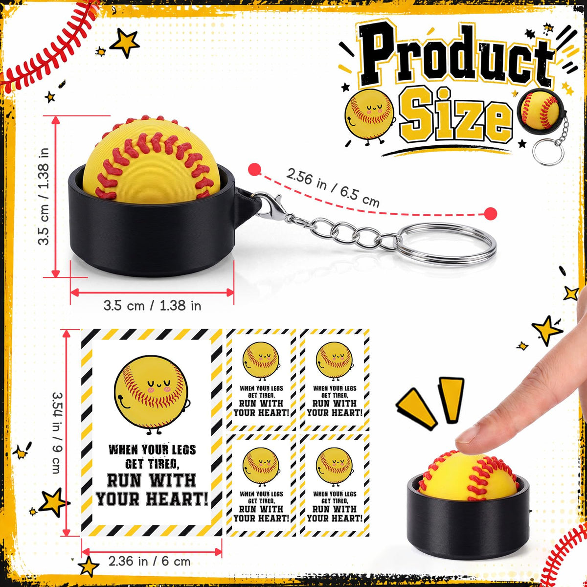 Junkin 12 Set Softball Fidget Clicker Keychain Gifts 3D Printed Softball Sensory Clicker Keychain with Inspirational Cards Anxiety and Stress Relief for Graduation Sports Team Adults Party Decorations